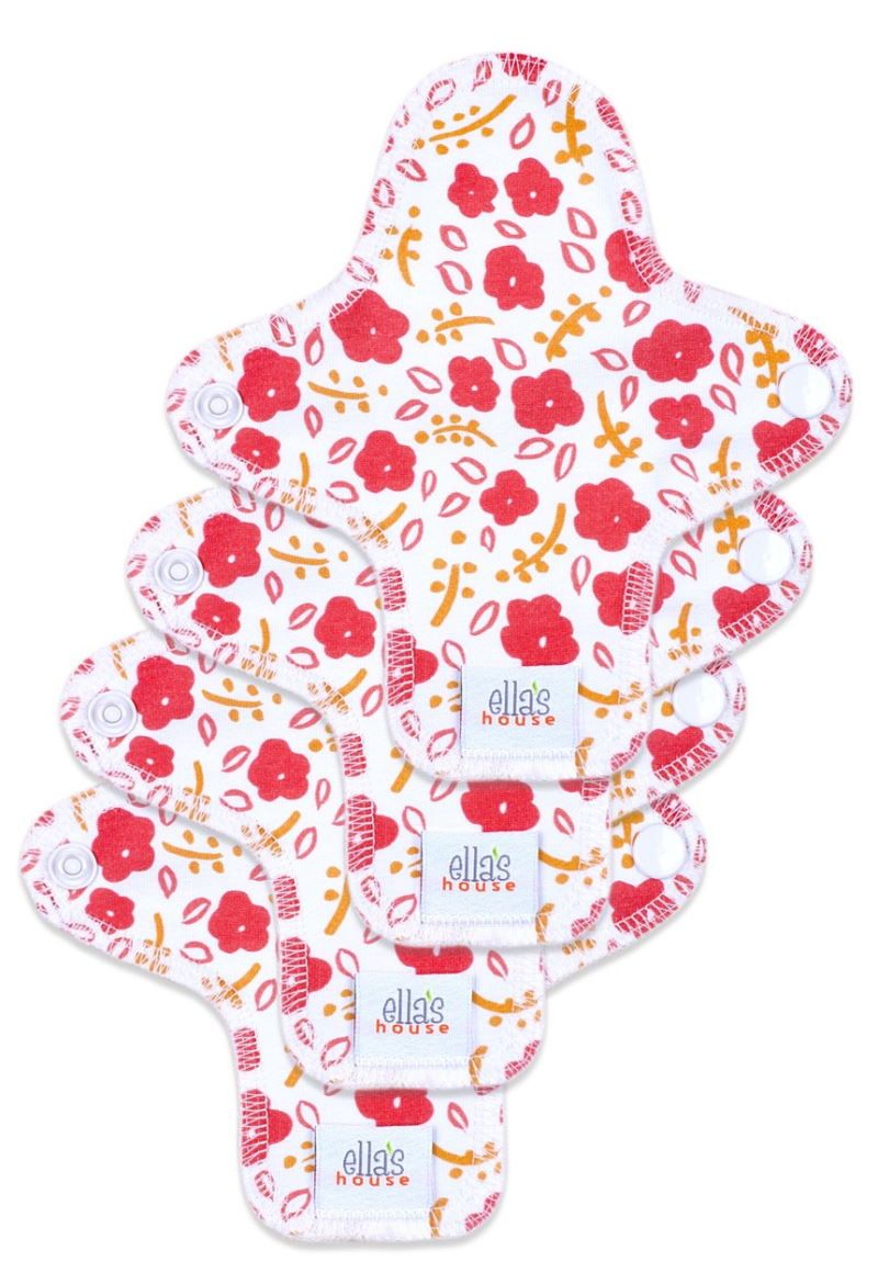 Vier Stoffbinden mit rotem Blumenmuster. Jede Binde hat einen Druckknopf und ein Etikett mit dem Schriftzug "ellas house".