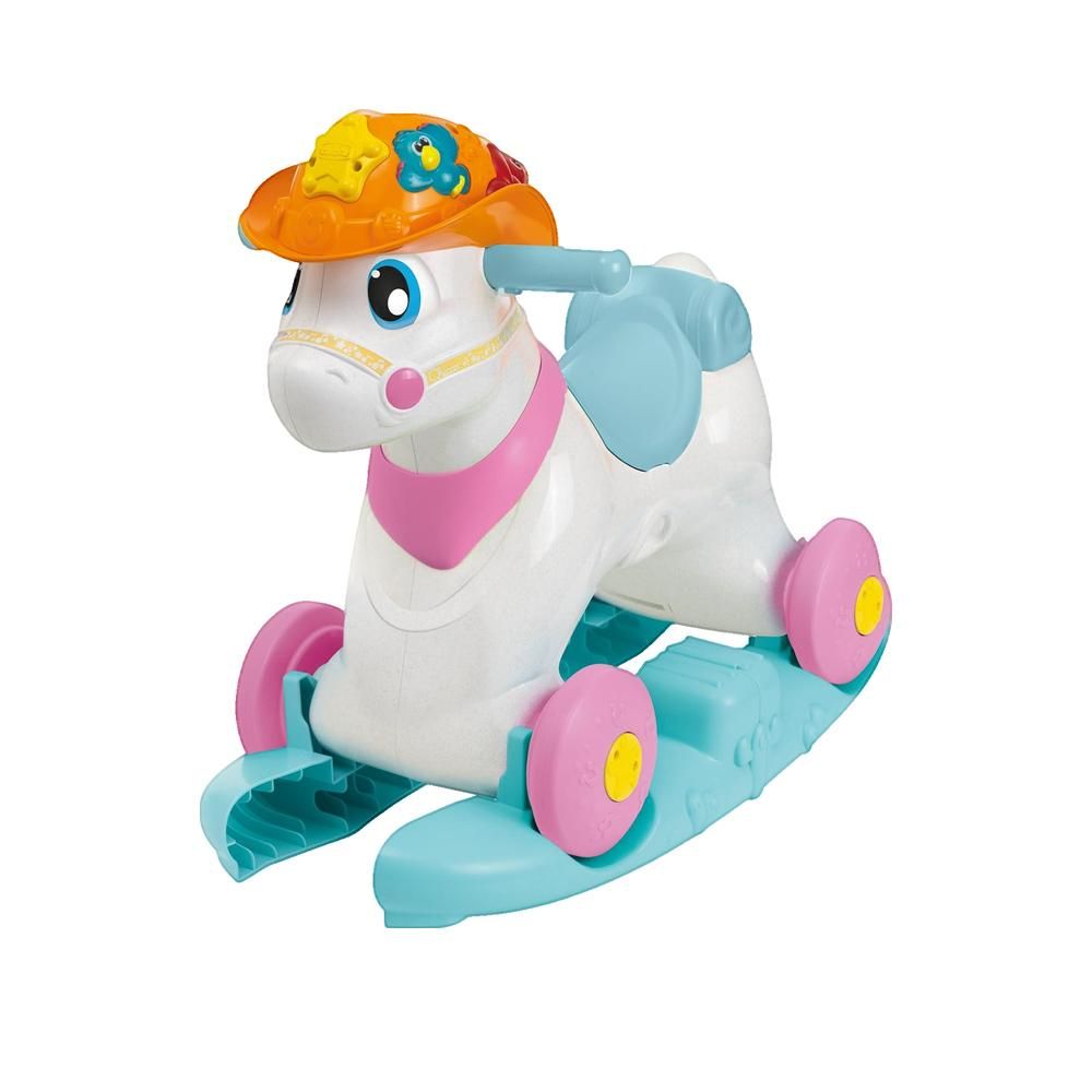 Interaktives Schaukelspielzeug in Pferdeform. Weiß, rosa, blau und orange. Mit Rädern und Hut. Für Kinder.