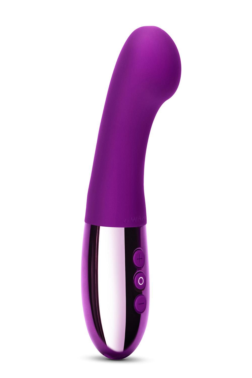 Lila Vibrator mit gebogener Form. Unterteil glänzend, mit drei Knöpfen. Oberteil aus weichem Material.
