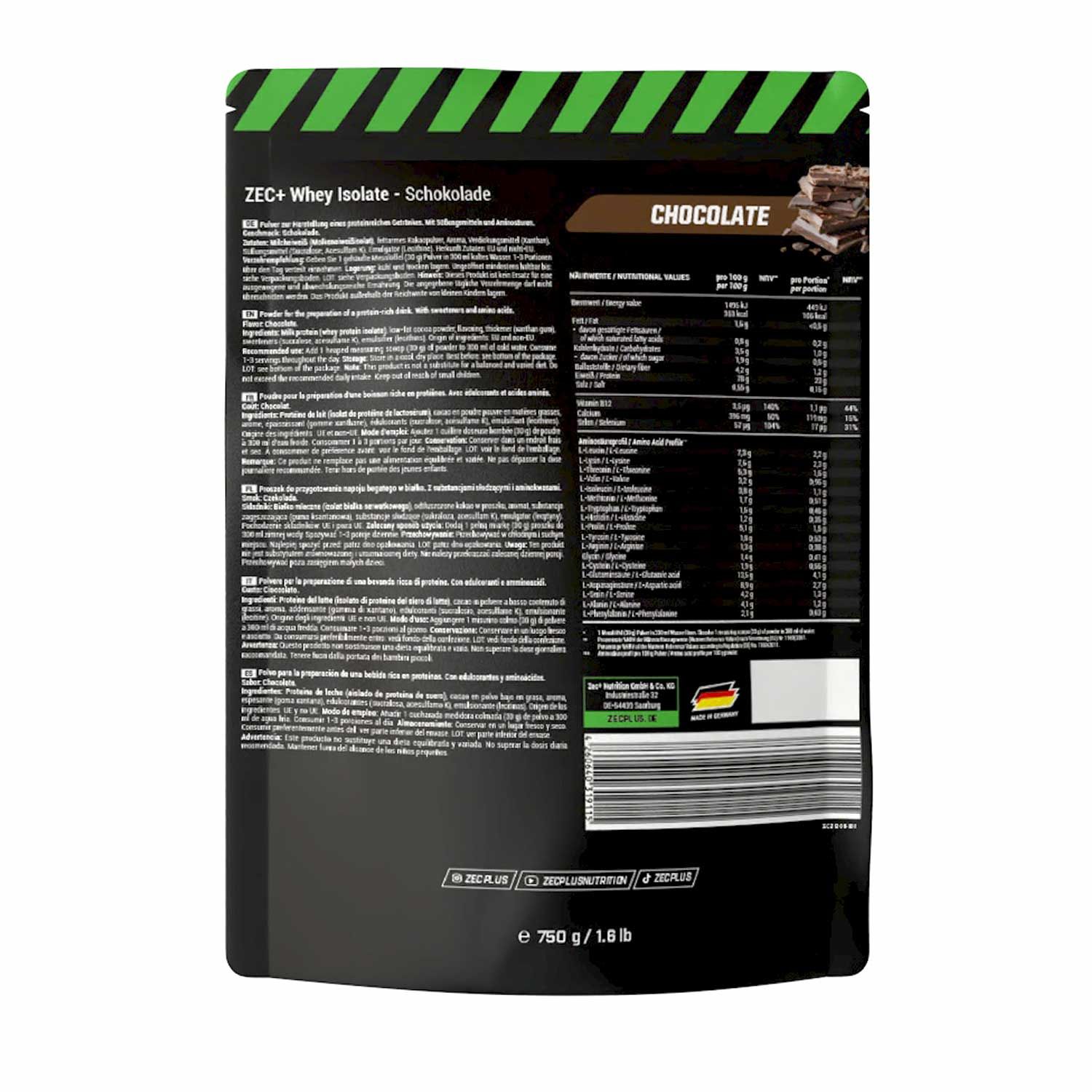 Rückseite der ZEC+ Whey Isolate Schokolade Verpackung. Enthält Nährwertangaben und Zutatenlisten. 750g/1.6 lb.