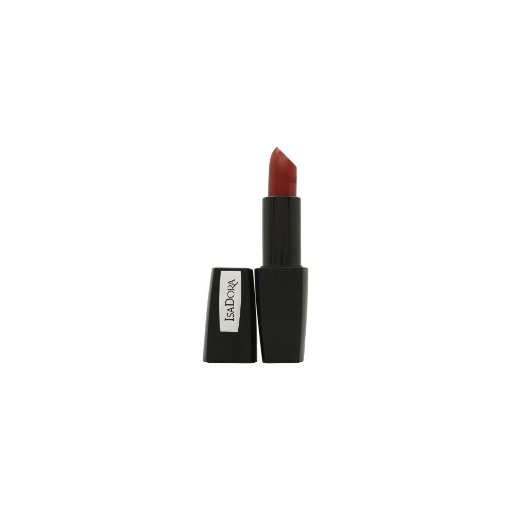 IsaDora Perfect Matt Lipstick. Schwarzer Lippenstift-Behälter mit geöffneter Kappe. Roter Lippenstift-Stift sichtbar. Marke IsaDora auf der Kappe.