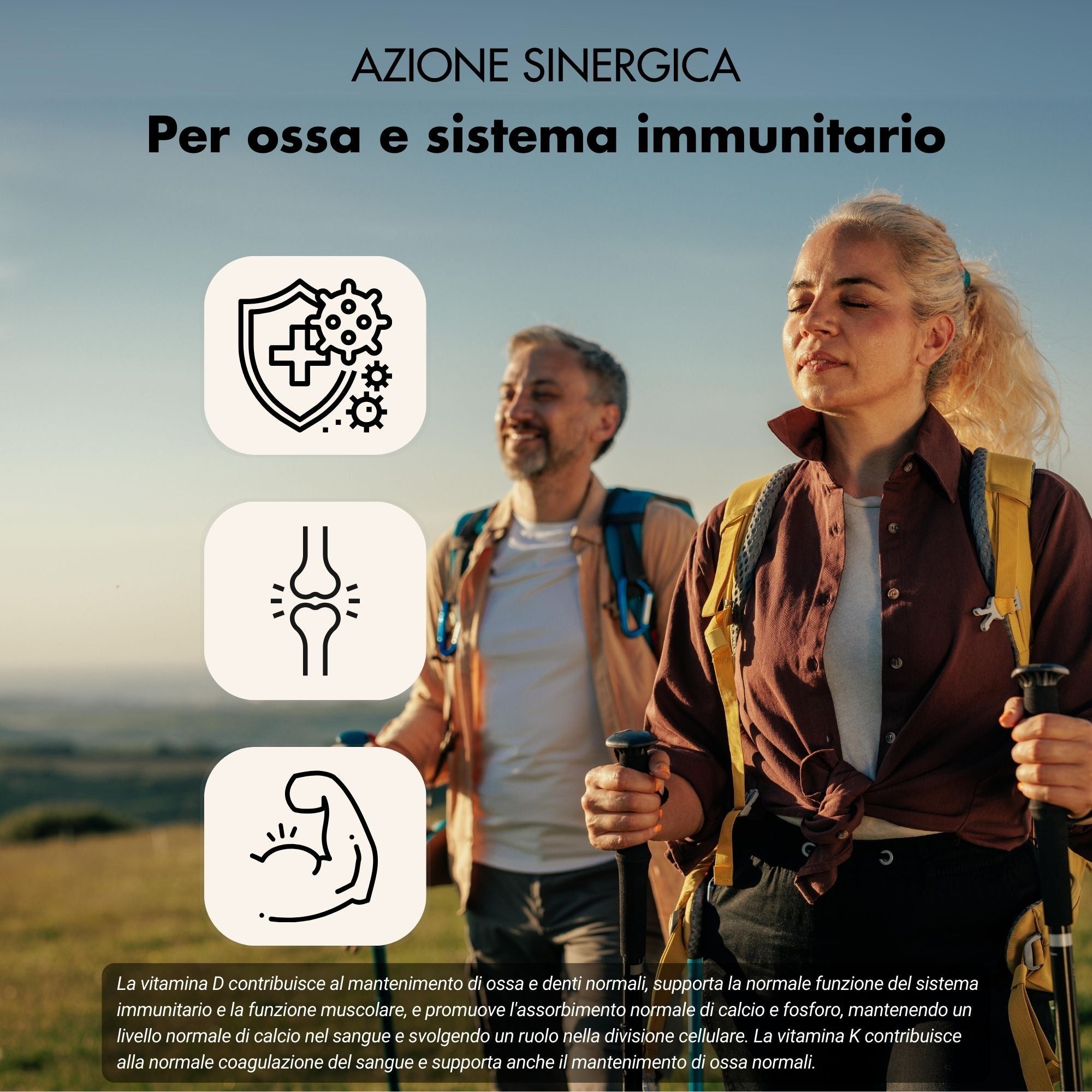 Due persone camminano. Grafici: ossa, sistema immunitario, muscoli. Testo su vitamina D e K.