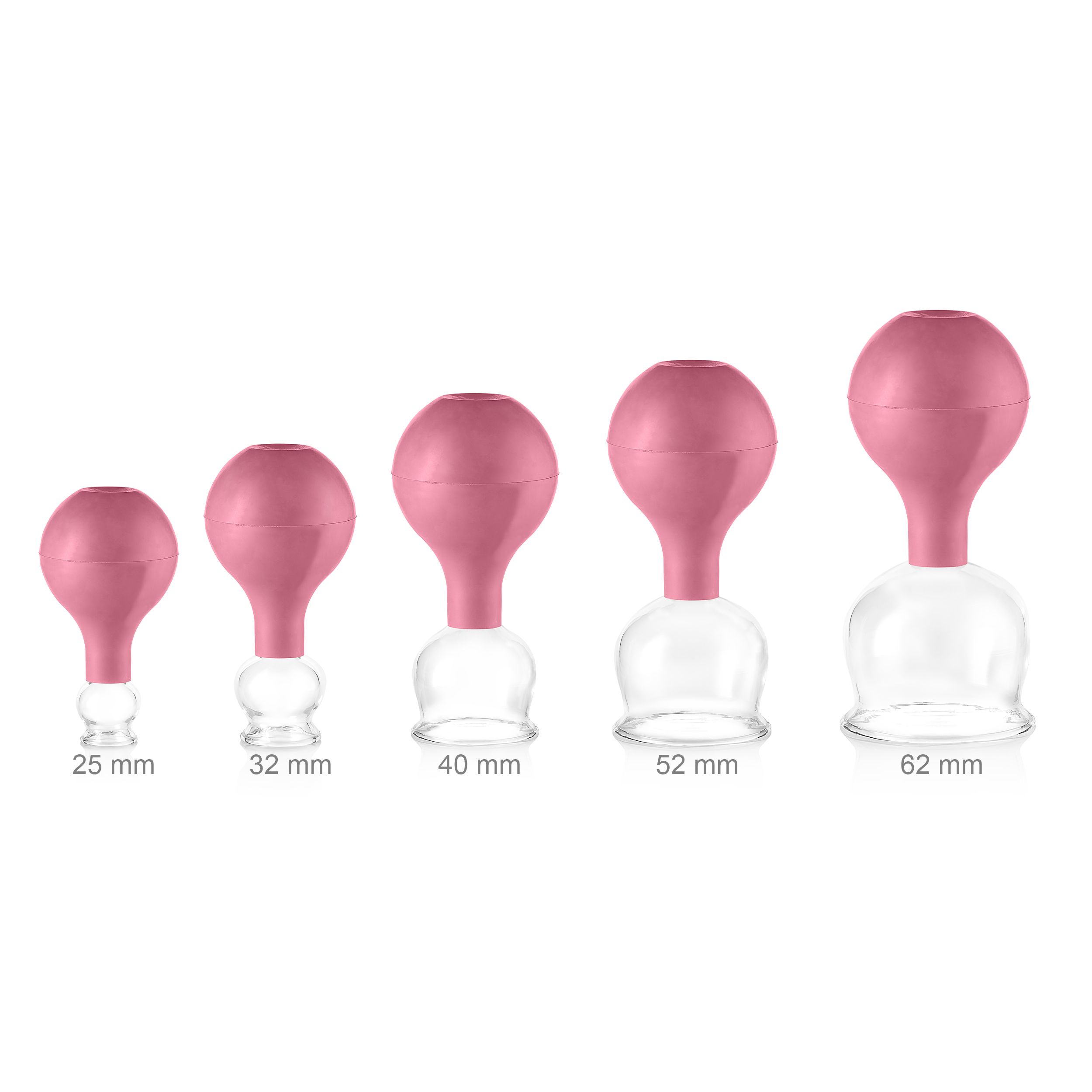 Pulox Schröpfgläser Set aus Echtglas - 5x Schröpfglas mit Saugball, verschiedene Größen in Pink 5 St