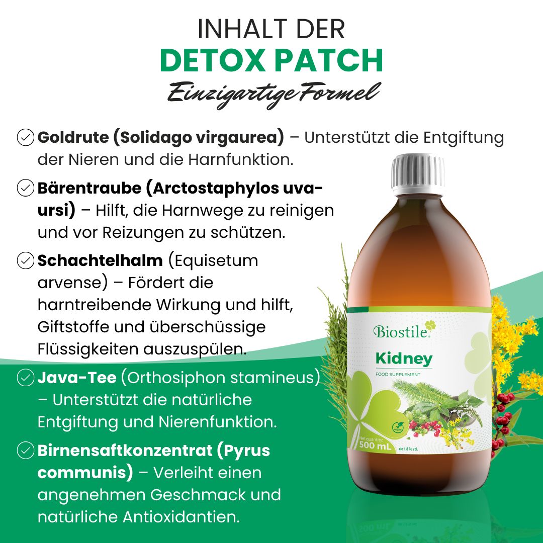 Flasche 'Biostile Kidney' neben Text. Text: 'Inhalt der Detox Patch'. Aufzählung von Inhaltsstoffen und deren Wirkung.