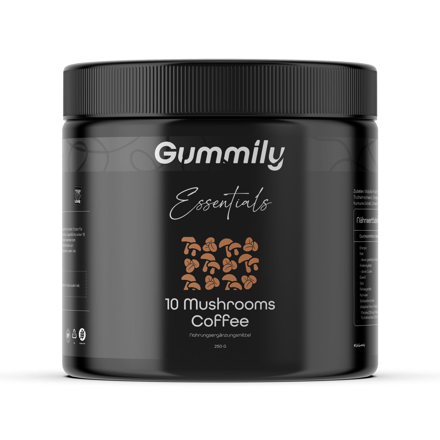 Schwarze Dose mit Gummily Essentials, 10 Mushrooms Coffee. Braune Pilz-Illustration. Text: 250g.