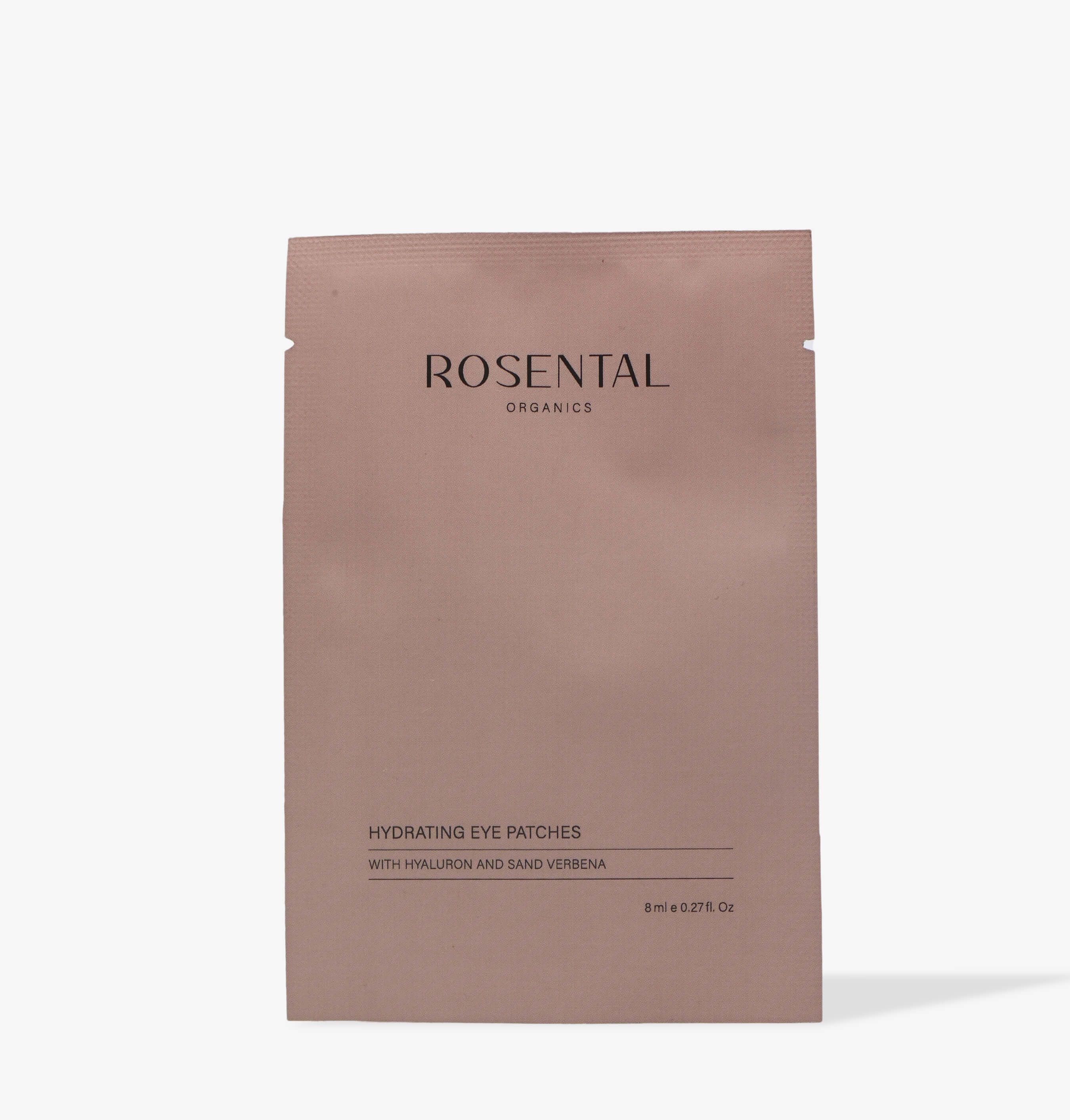 Rosa Verpackung mit Aufschrift ROSENTAL ORGANICS. Text: Hydrating Eye Patches mit Hyaluron und Sand Verbena.