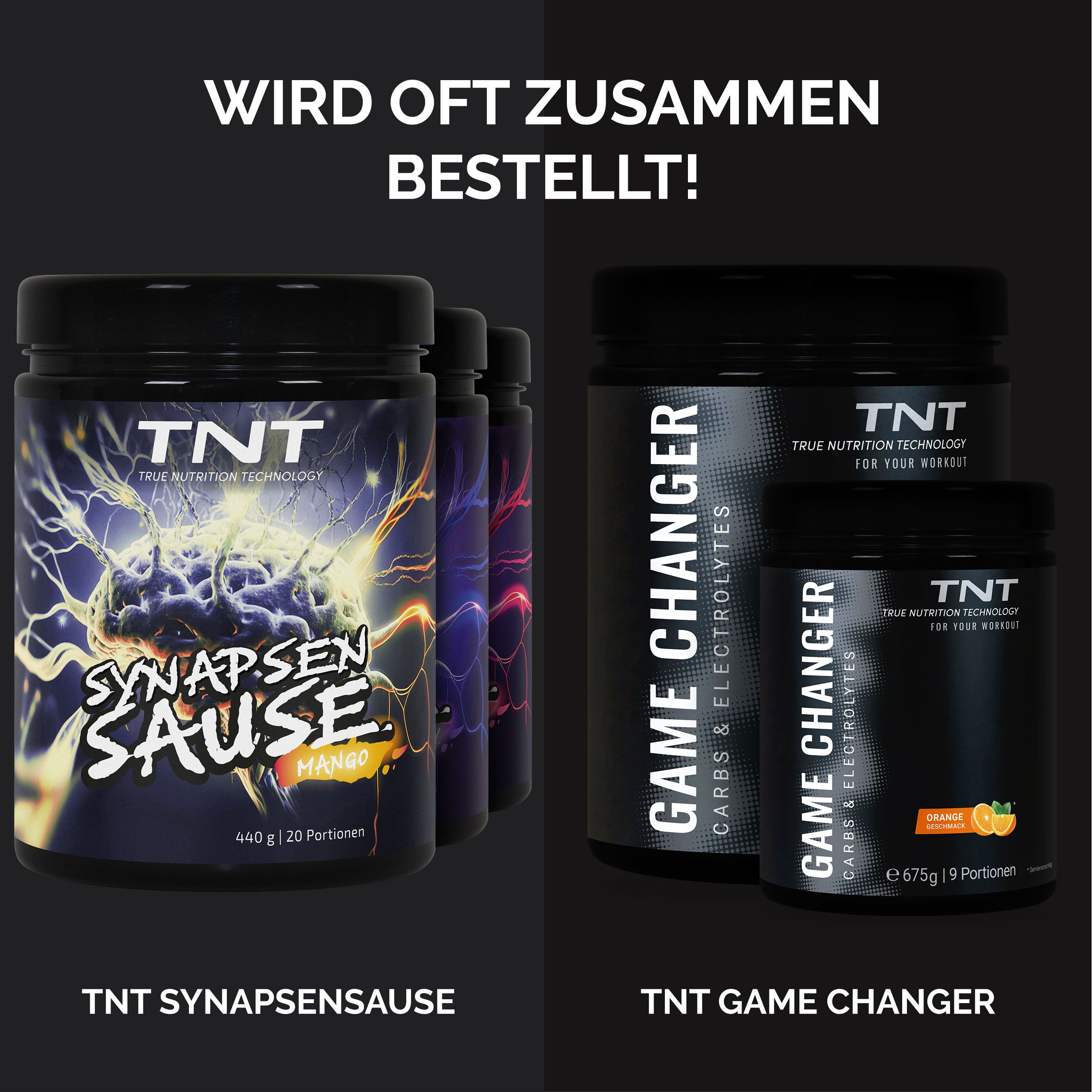 Mehrere Dosen TNT-Produkte: Synapsensause (Wild Berry, Mango) und Game Changer. Verschiedene Größen und Geschmacksrichtungen.