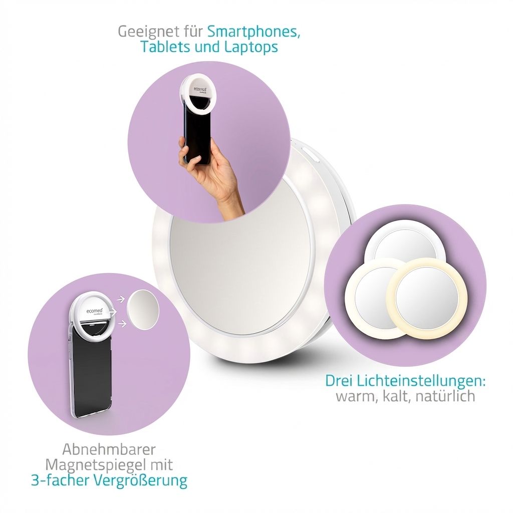 Selfie-Spiegel mit LED-Ringlicht, abnehmbar, 3 Vergrößerungen, 3 Lichtfarben.