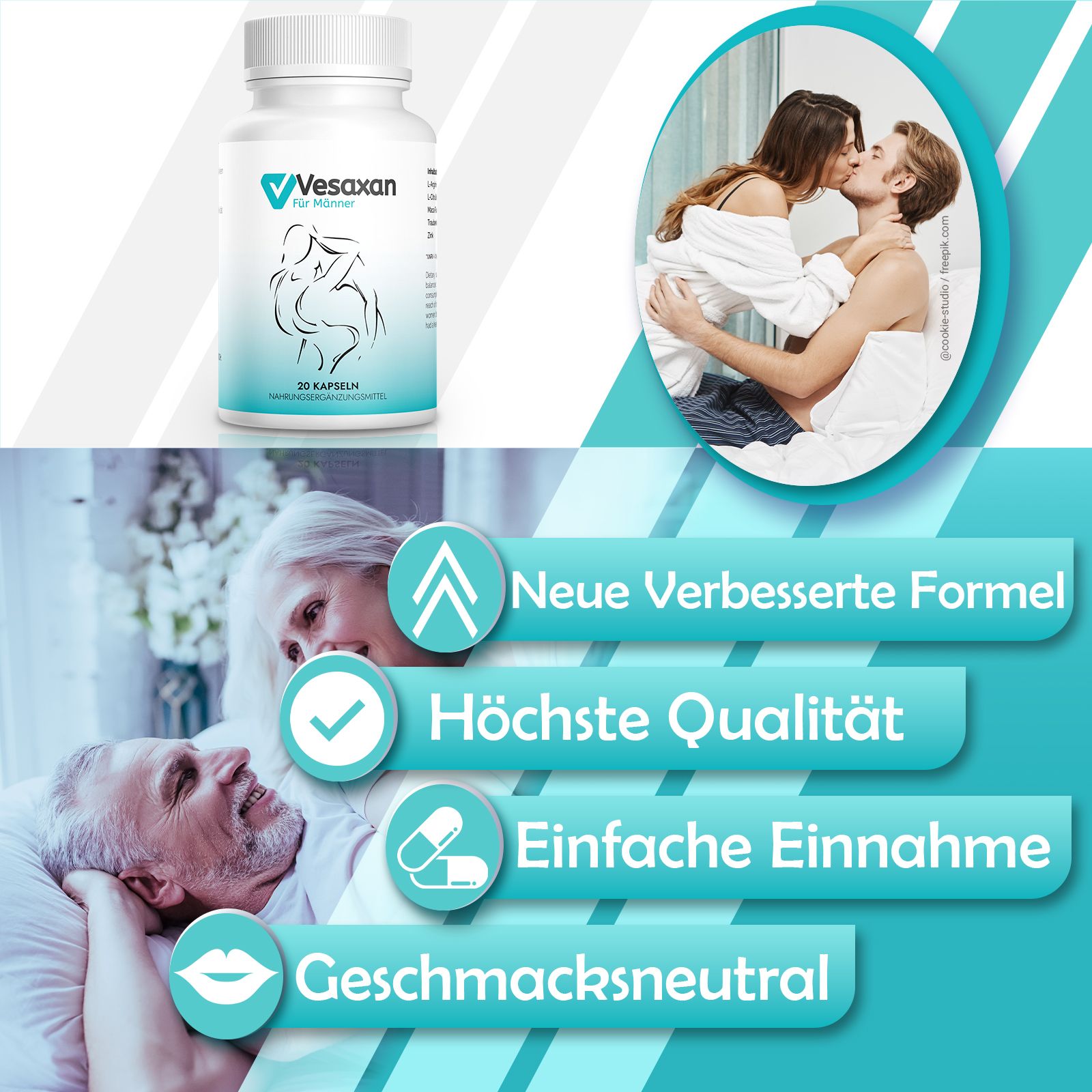 Flasche Vesaxan für Männer mit 20 Kapseln. Hintergrund: Paare. Text: Neue verbesserte Formel, höchste Qualität, einfache Einnahme, geschmacksneutral.