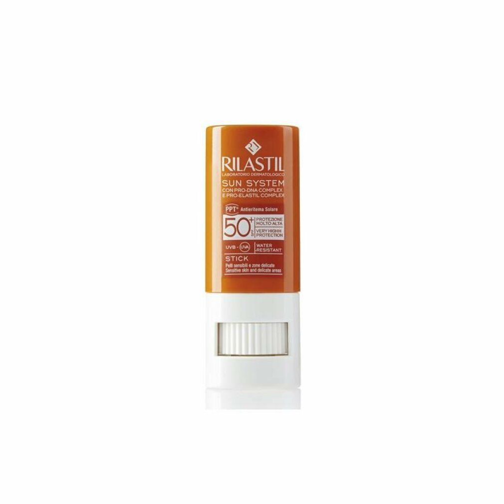 RILASTIL® Sun System Stick Transparent SPF 50+. Orange-weiße Tube. Text: Sun System, Transparent Stick, 50+.