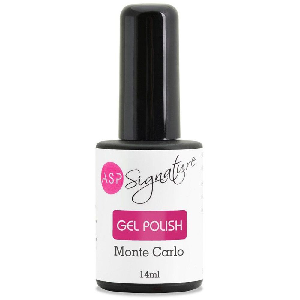 Nagellackflasche mit schwarzem Deckel. Etikett mit ASP Signature, Gel Polish und Monte Carlo.