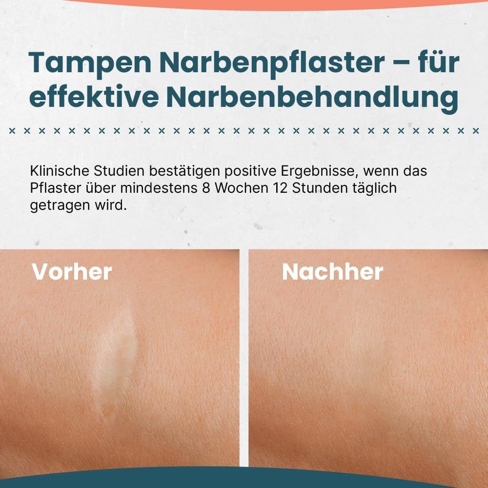 Vorher-Nachher-Bilder. Haut mit Narbe vor und nach der Behandlung. Text über klinische Studien und Anwendung.