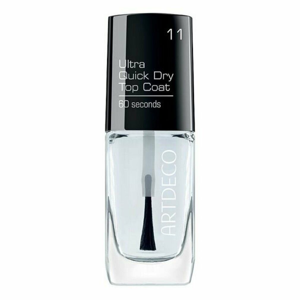 Klare Nagellackflasche mit schwarzem Deckel. Aufschrift: Ultra Quick Dry Top Coat, 60 seconds. Marke: ARTDECO.