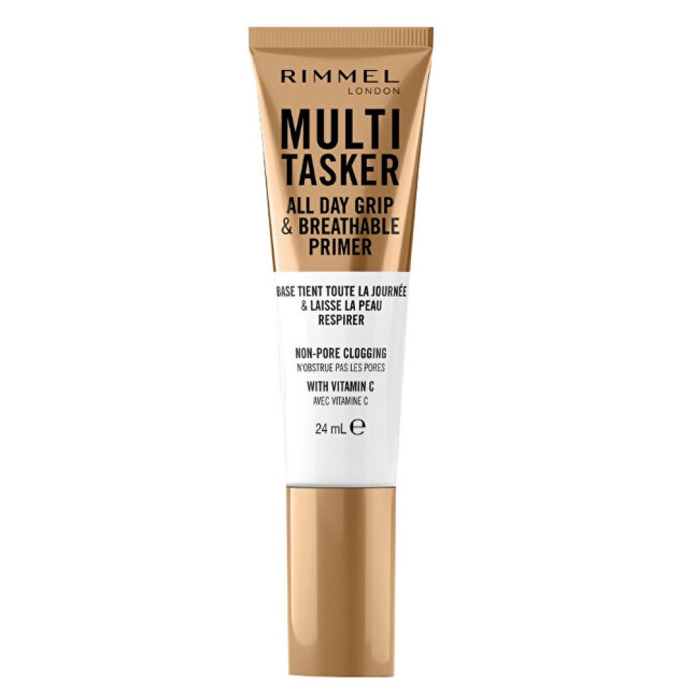 Tube mit Aufschrift Rimmel London Multi Tasker All Day Grip & Atmungsaktive Grundierung. Enthält 24 ml.