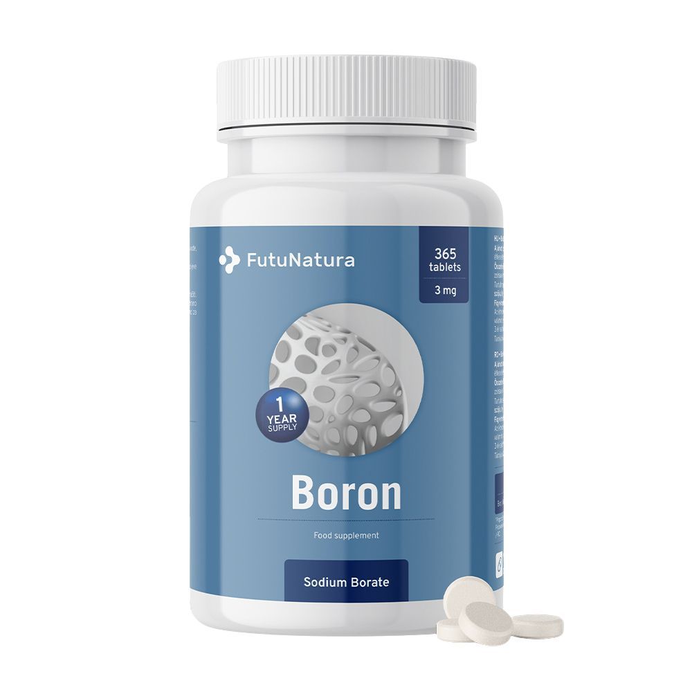 Weiße Tabletten neben einer weißen Flasche mit blauem Etikett. Aufschrift: FutuNatura Boron 3 mg, 365 Tabletten.