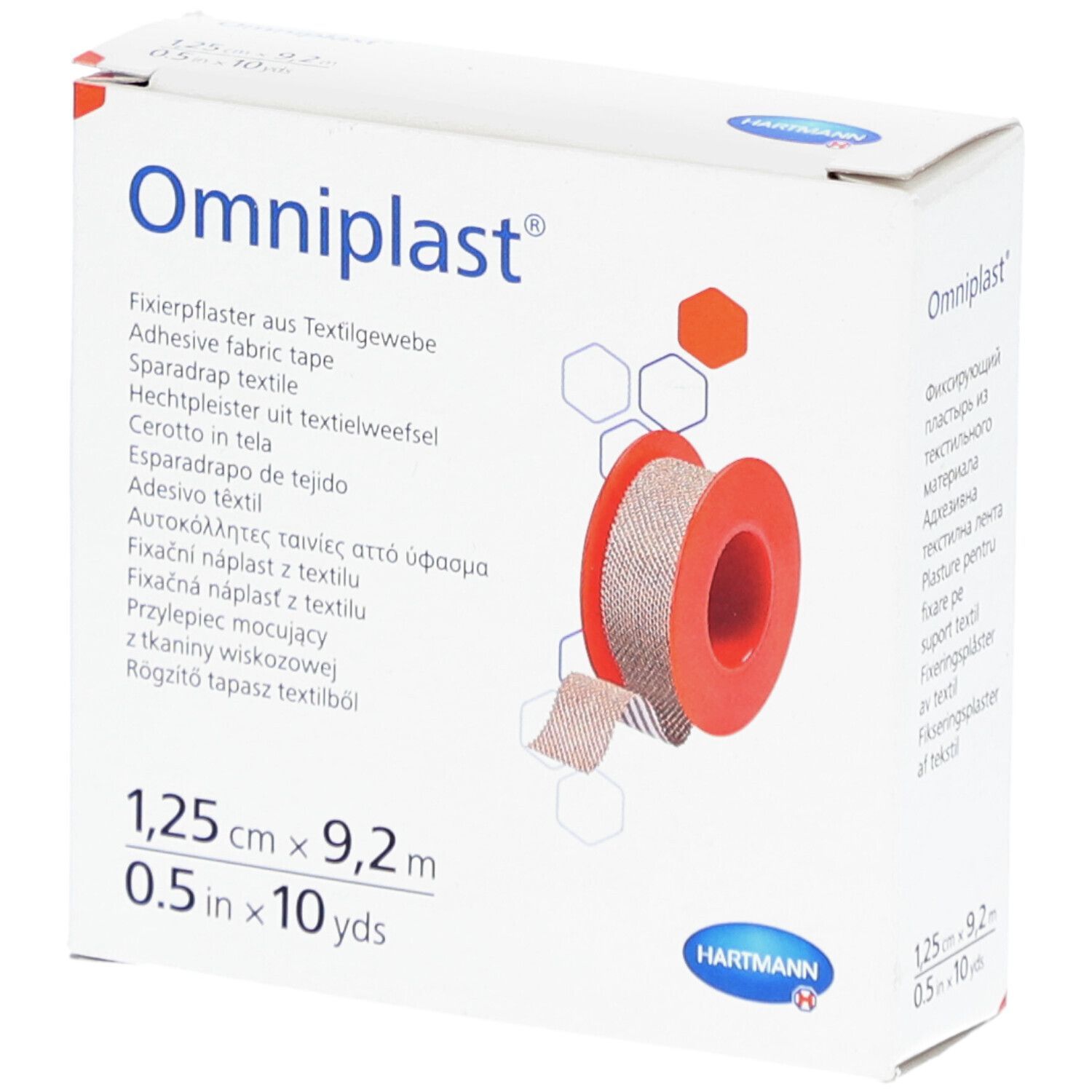 Omniplast® Fixierpflaster-Box. Rolle mit Textilgewebe und rotem Kern. Maße: 1,25 cm x 9,2 m. Hartmann-Logo.