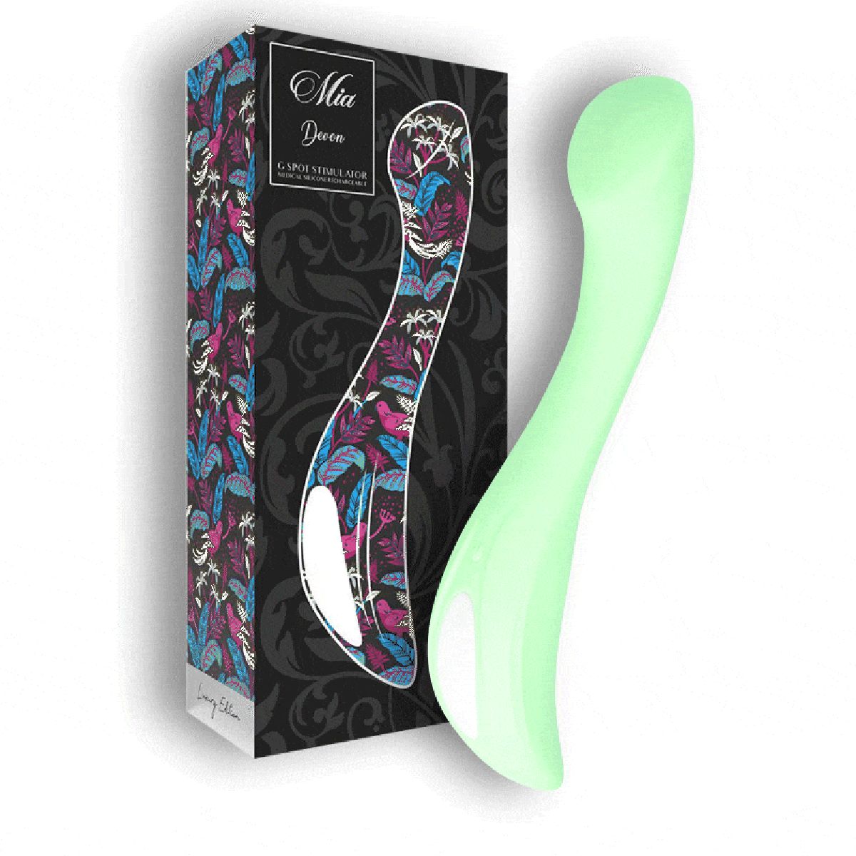 Grüner Vibrator neben Verpackung. Verpackung mit floralem Muster und Produktnamen.
