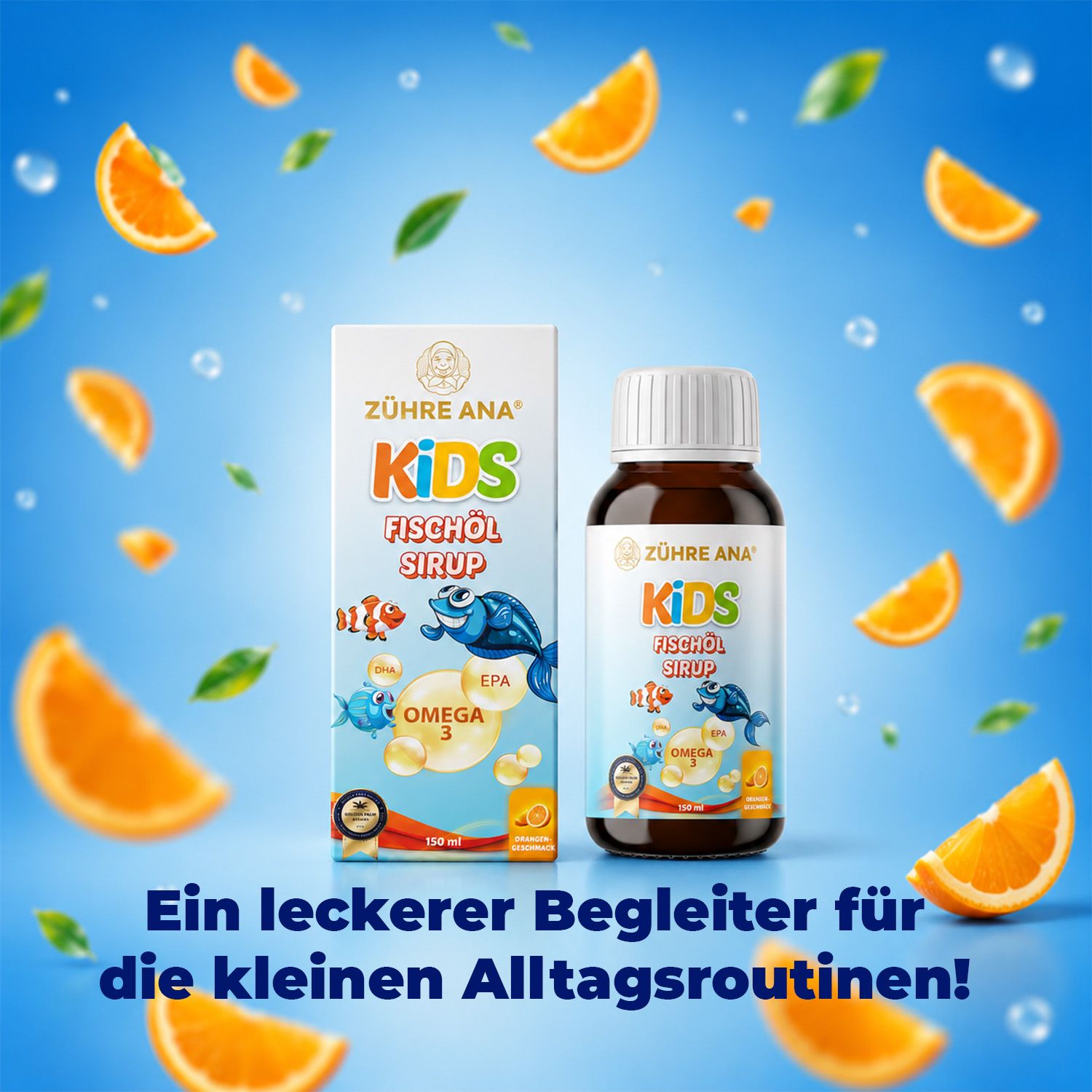 Zühre Ana Kids Fischöl Sirup Flasche umgeben von Orangenspalten und Blasen.