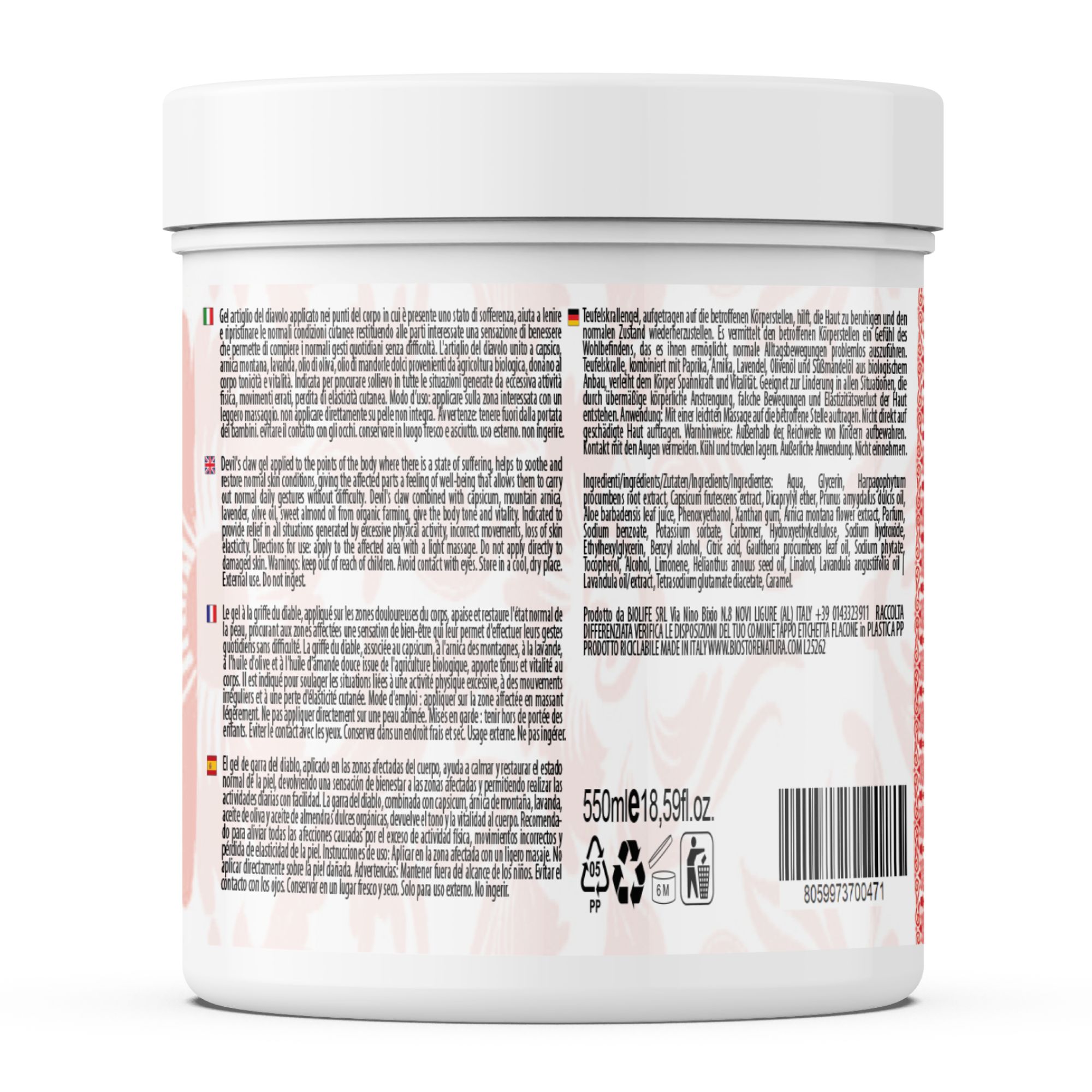 Weißer Tiegel mit Produktinformationen und Inhaltsstoffen. Text in Deutsch, Italienisch, Französisch und Englisch. 550ml.