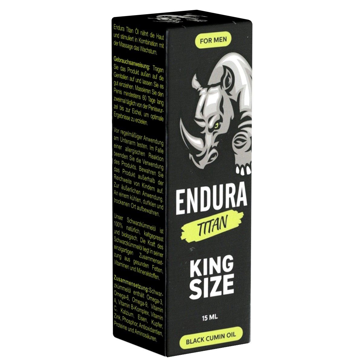 Schwarze Produktverpackung mit Text. "ENDURA TITAN KING SIZE" und ein Nashorn-Logo. Enthält 15 ml.