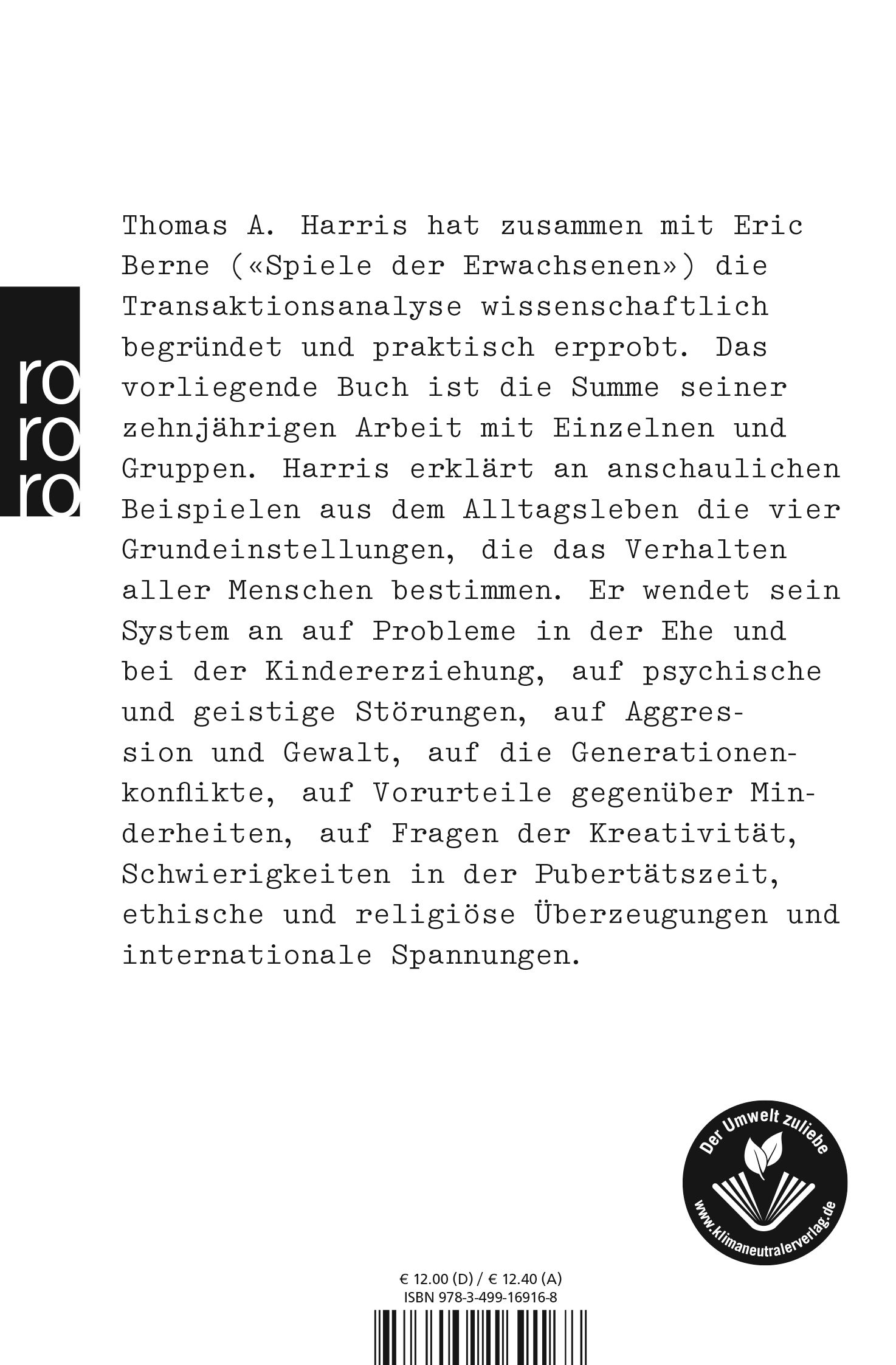 Rückseite des Buches Ich bin o.k. Du bist o.k. Text in schwarzer Schrift. Logo: Der Umwelt zuliebe. ISBN-Code.