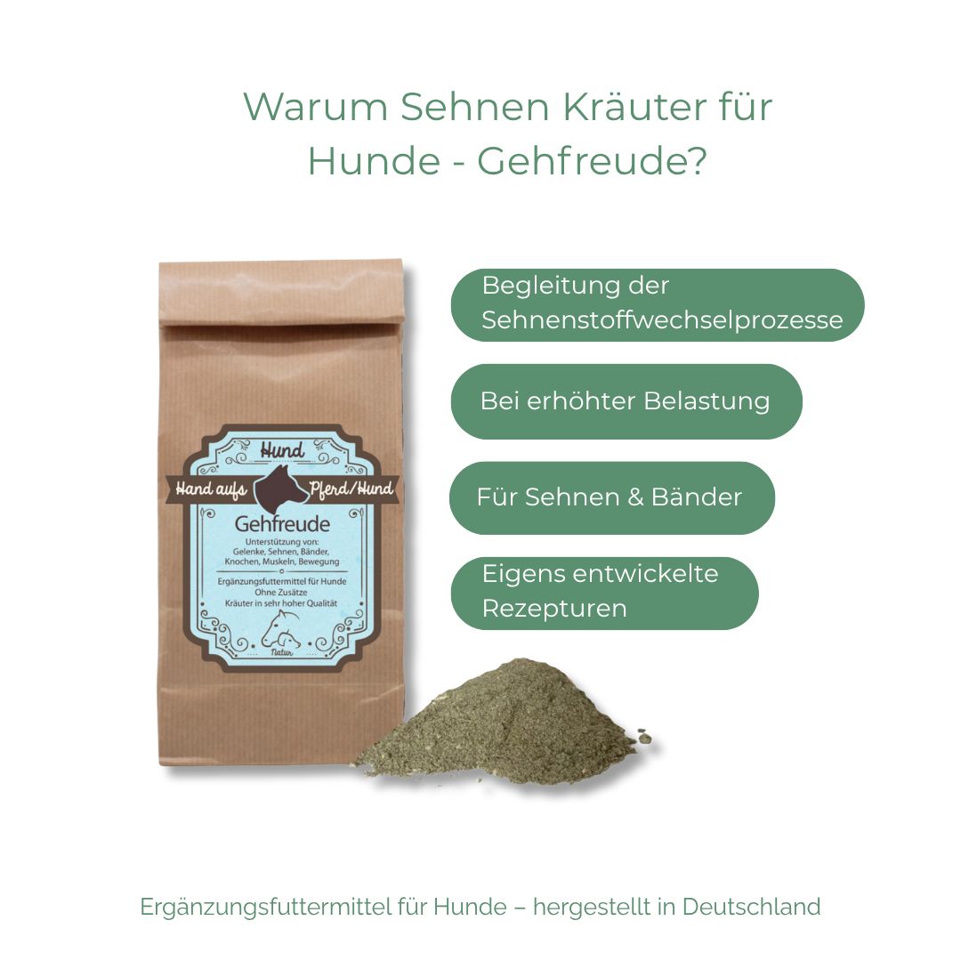 Braune Papiertüte mit blauem Etikett. Text: Hand aufs Pferd/Hund, Kräuter für Hunde, Gehfreude. Daneben Kräuterhaufen. Text in deutscher Sprache.