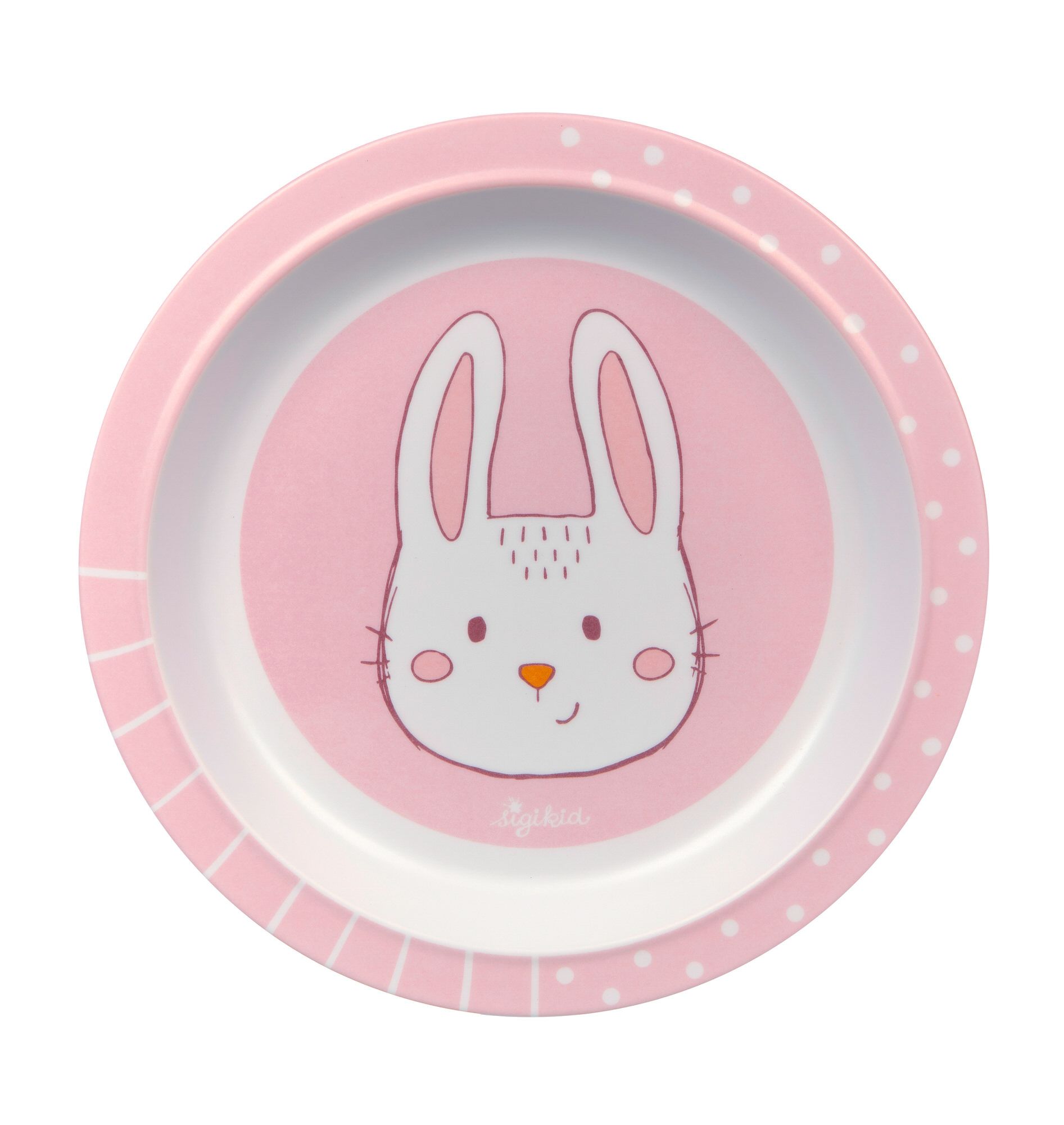 Rosa Melamin-Teller mit Hasenmotiv. Weißer Hase mit rosa Ohren und Wangen. Weißer Rand mit rosa Punkten und Streifen. Marke: Sigikid.