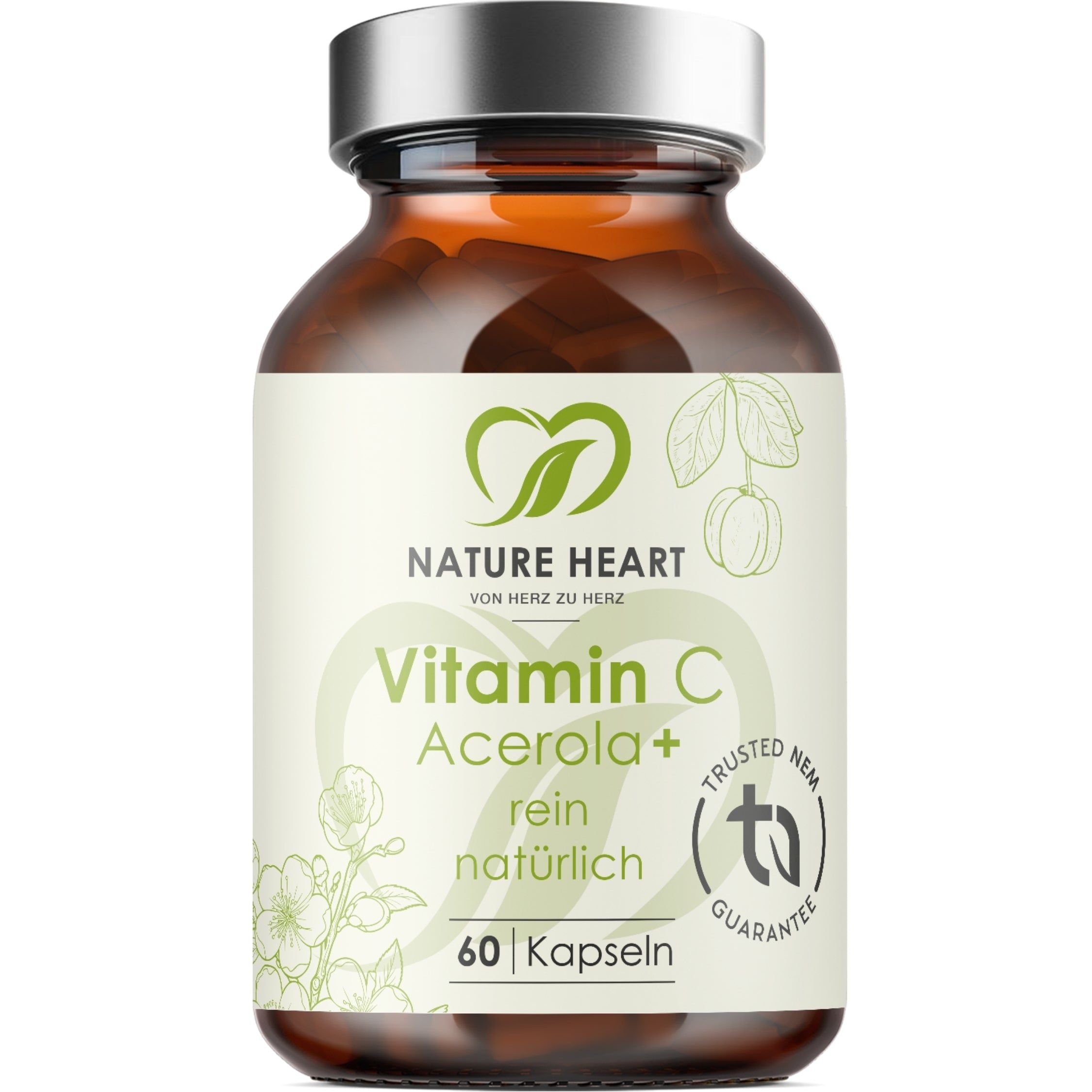 Braunglasflasche mit 60 Kapseln Nature Heart Vitamin C Acerola+.