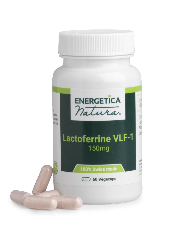 Weiße Flasche mit grünem Etikett. Beschriftung: Lactoferrine VLF-1 150mg. 60 vegetarische Kapseln. Hergestellt in der Schweiz.