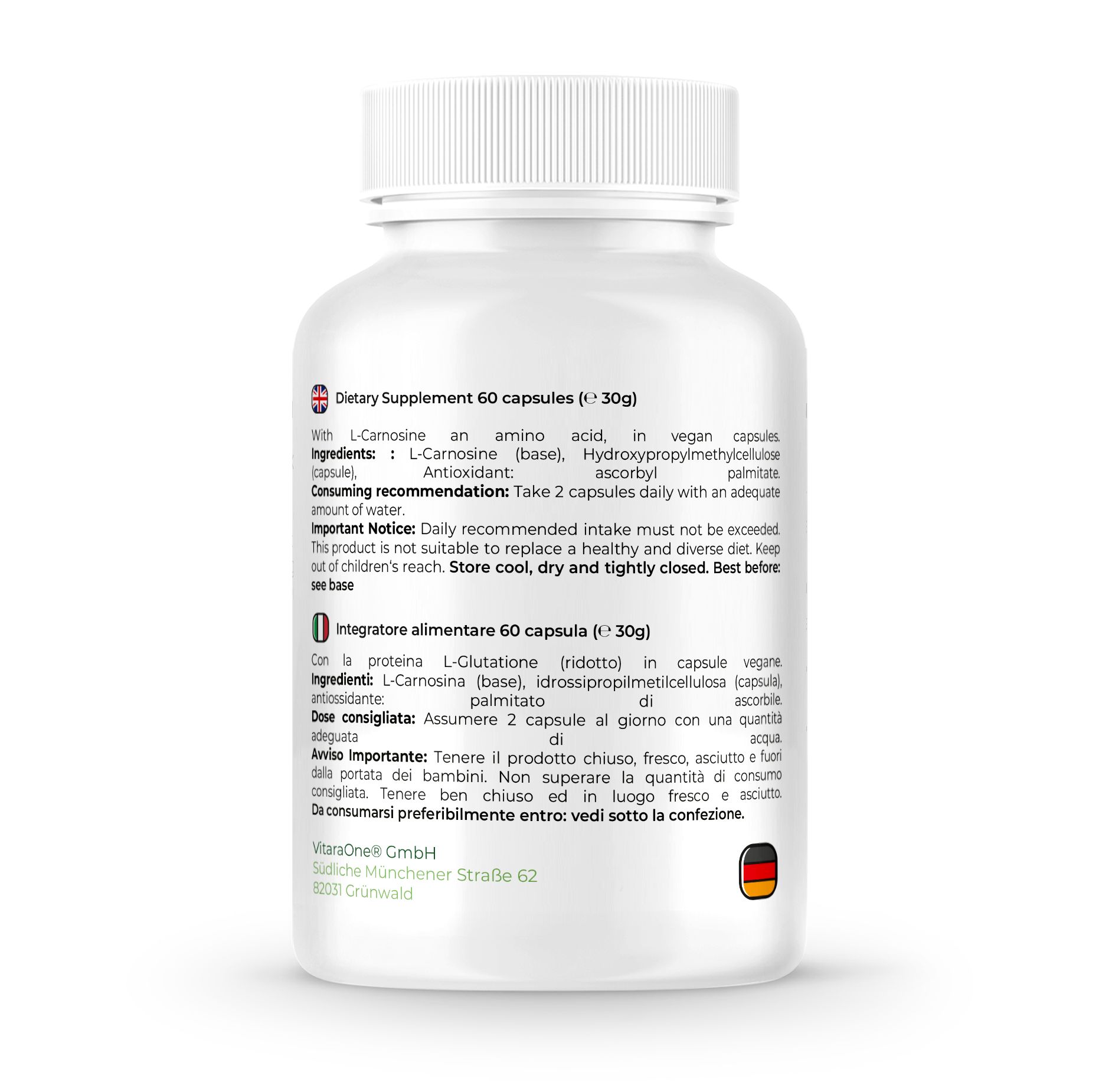 Rückseite der weißen Flasche. Text: Nahrungsergänzungsmittel. 60 Kapseln. Inhaltsstoffe und Verzehrempfehlung. Vegan-Siegel.