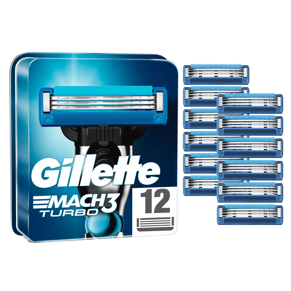 Gillette Mach3 Turbo 3D Ersatzklingen. 12 Stück. Blaue Klingen und Rasierer. Metallverpackung.