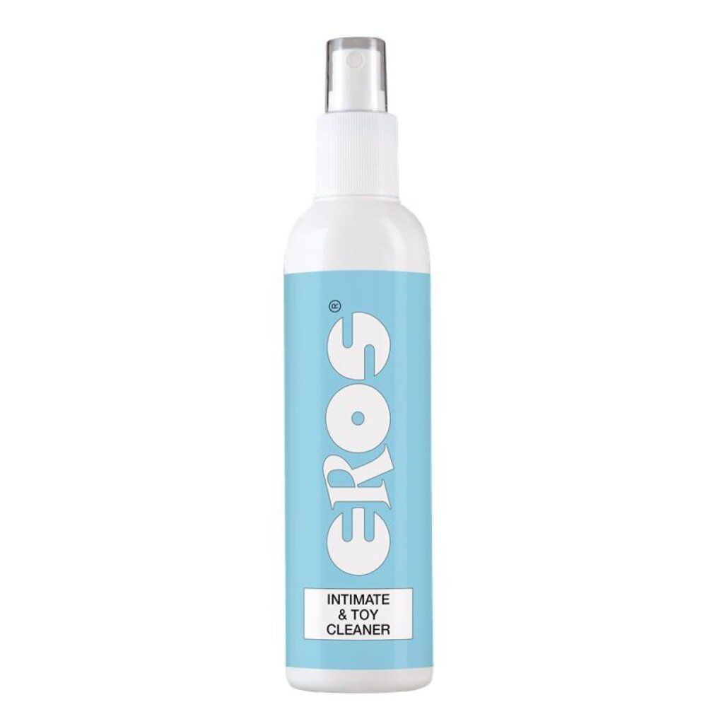 Eros Intimate & Toy Cleaner Sprayflasche mit blauem Etikett.