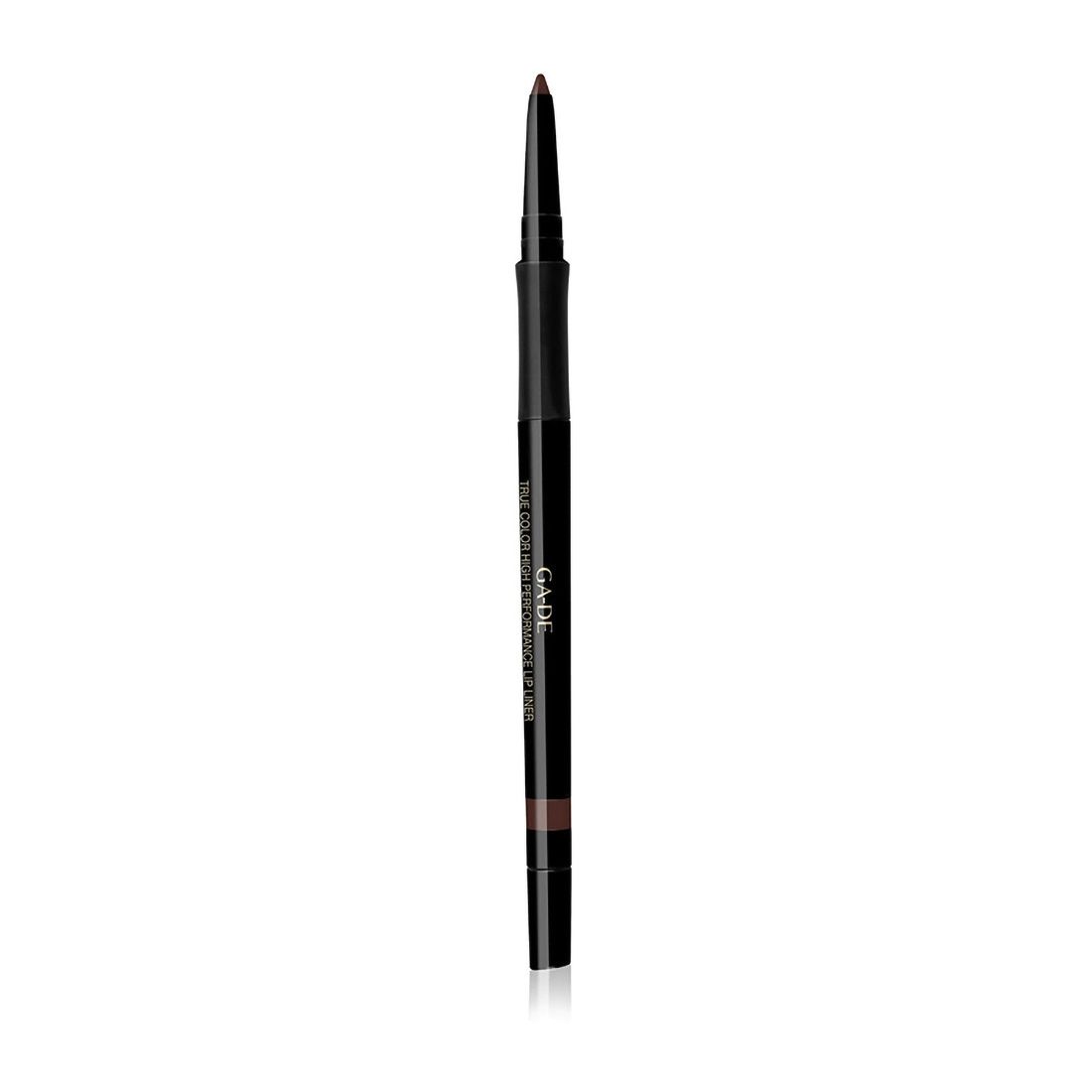 Brauner Lipliner. Schwarzer Stift mit Produktbezeichnung. Spitze herausgedreht.