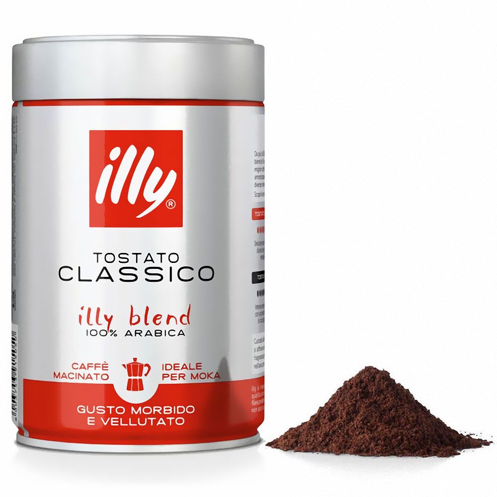 Kaffeepulver neben Dose. Dose mit rotem und silbernem Design. Aufschrift: illy, Tostato Classico, illy blend, 100% Arabica.