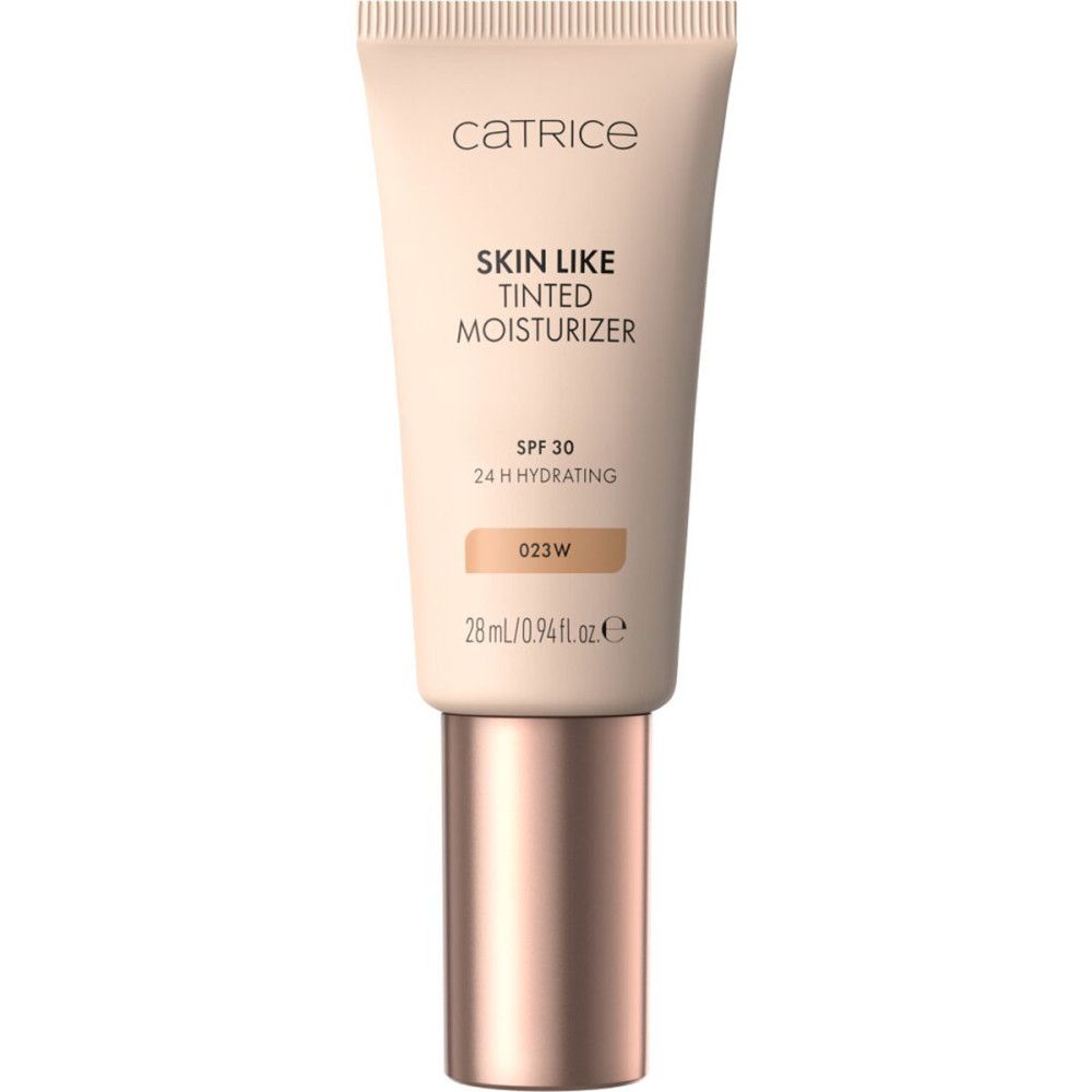 Tube mit Catrice Skin Like getönter Feuchtigkeitscreme. Aufschrift: Skin Like Tinted Moisturizer, SPF 30, 24 H Hydrating. Farbton 023W.