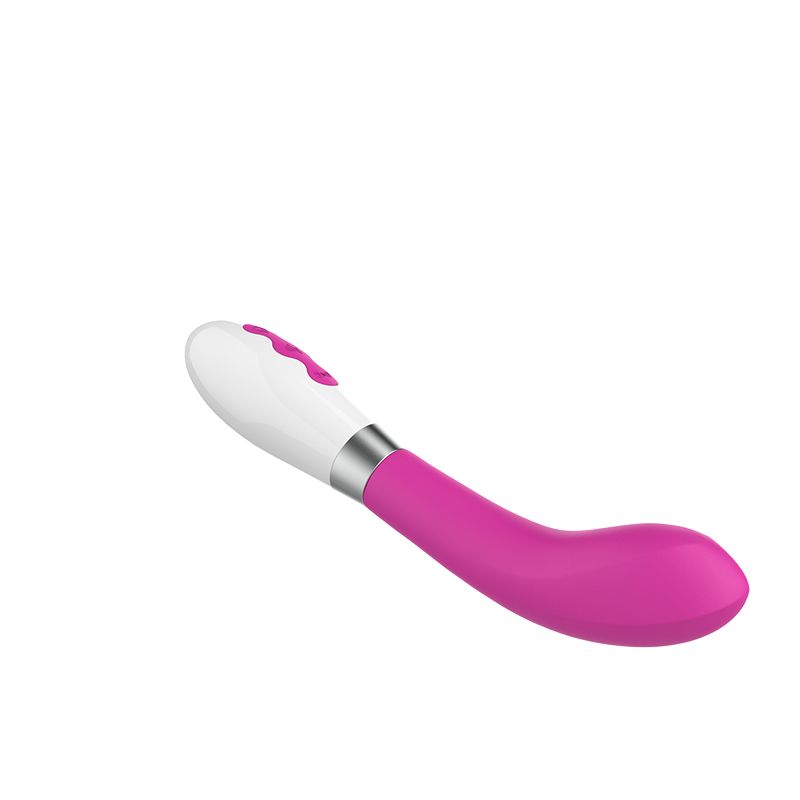 Pinkfarbener Vibrator mit weißem Griff und drei Knöpfen. Metallring zwischen Griff und Schaft. Perspektivische Ansicht.