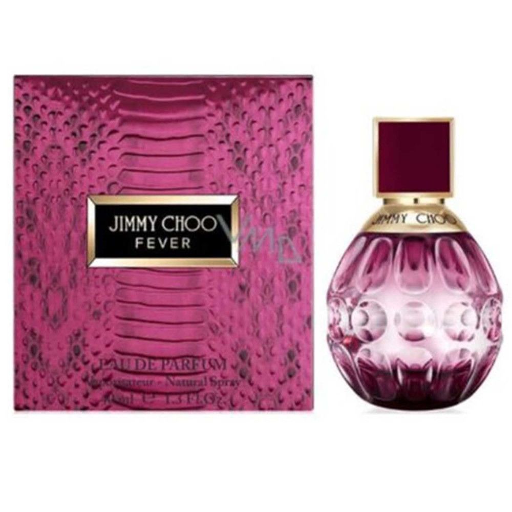 Lila Jimmy Choo Fever Flakon und Verpackung. Flakon rund, lila, goldener Hals. Verpackung pink mit Schlangenmuster.