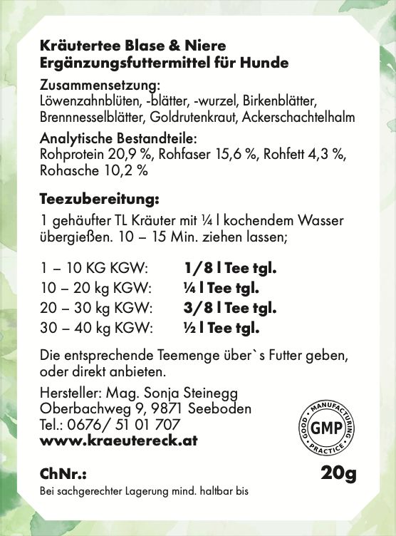 Weißes Etikett mit Produktinformationen. Text: Kräutertee Blase & Niere, Ergänzungsfuttermittel für Hunde. Inhaltsstoffe, Analyse, Zubereitung.