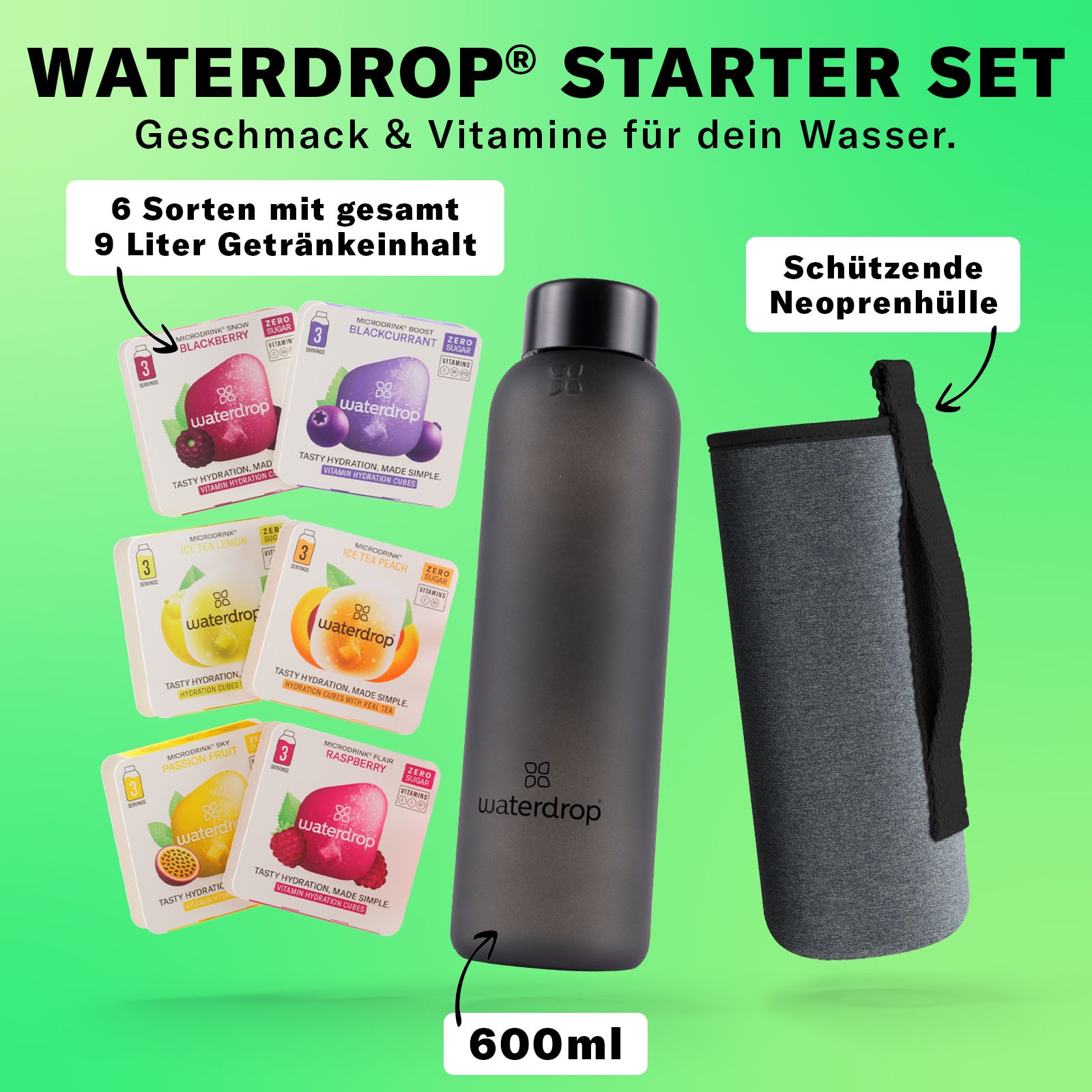 waterdrop® Starter Set Glass – 600ml Glasflasche + 18 Würfel – Vitamine, vegan, zuckerfrei