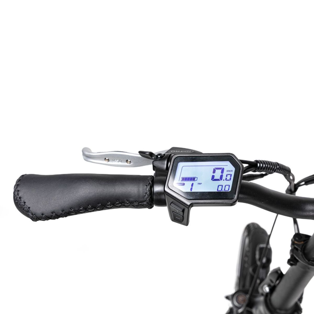 Fahrradlenker mit Display. Schwarze Farbe. Detailaufnahme.