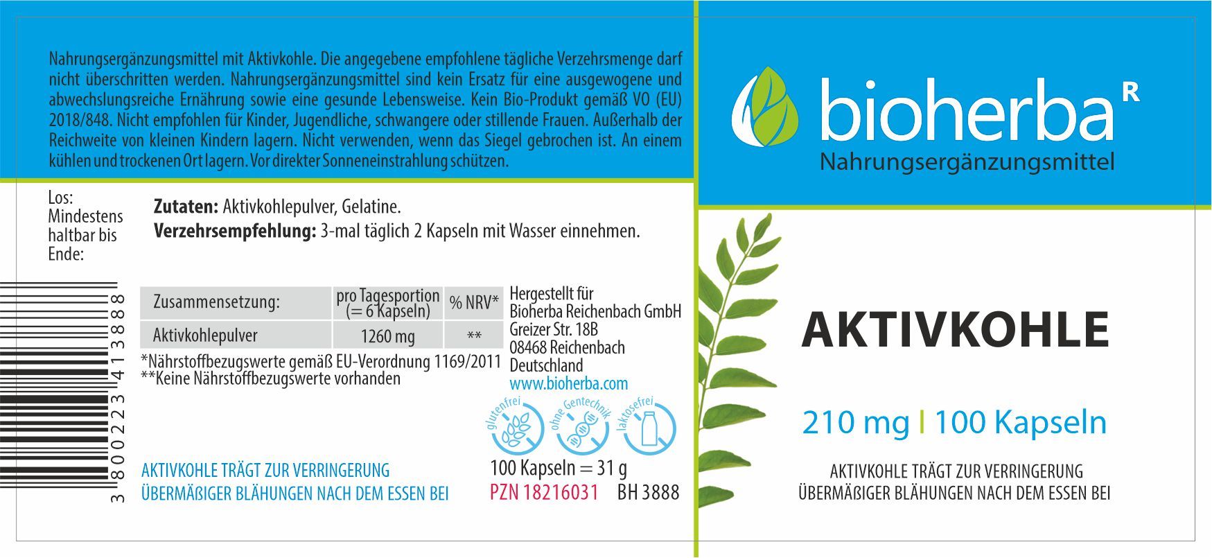 Aktivkohle 210 mg 100 Kapseln  PZN 18216031