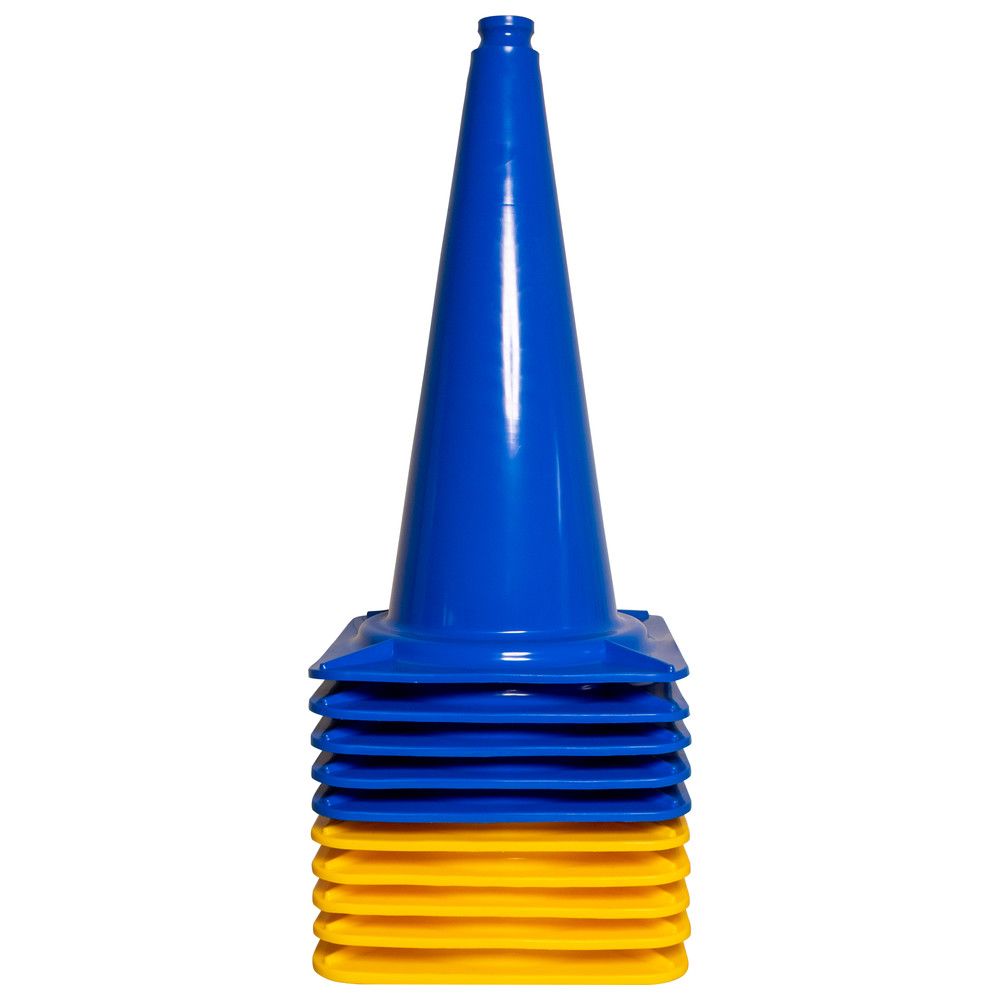 Blaue und gelbe Pylonen. 4 blaue und 4 gelbe Pylonen gestapelt. Kegelförmig mit quadratischer Basis.