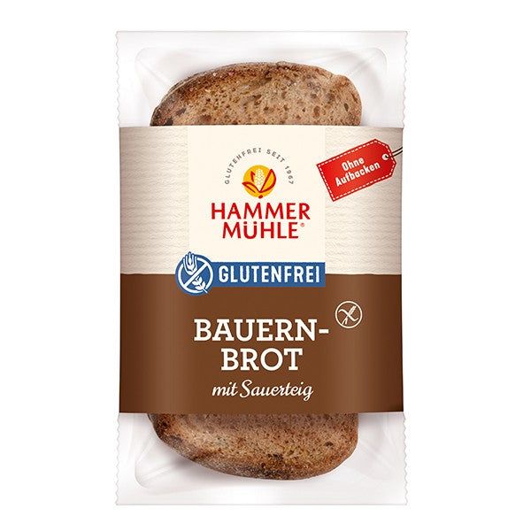 Glutenfreies Bauernbrot mit Sauerteig in Folienverpackung. Aufdruck: Hammer Mühle, Glutenfrei, Ohne Aufbacken.