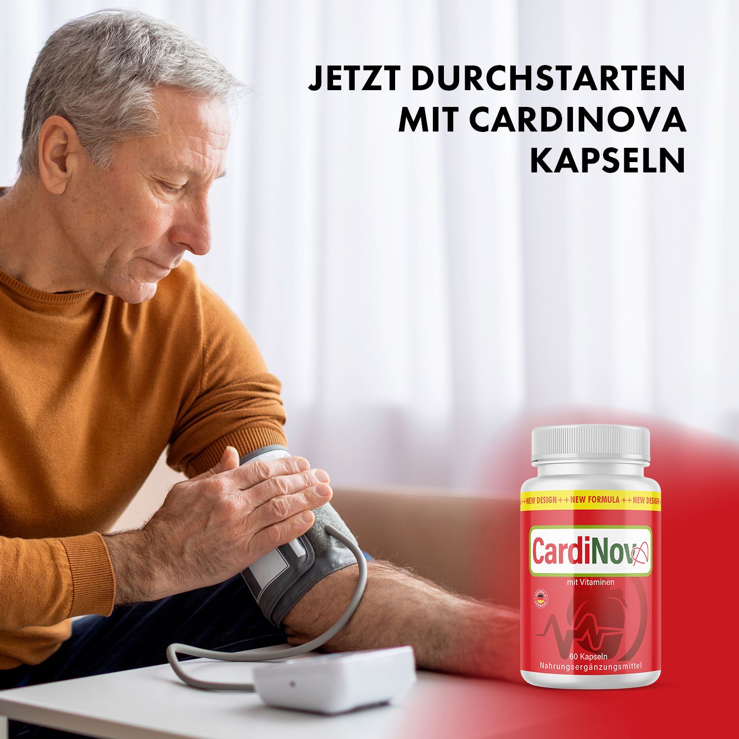 Älterer Mann misst Blutdruck. Daneben eine rote Kapsel-Dose mit weißem Deckel. Aufschrift CardiNova, 60 Kapseln.