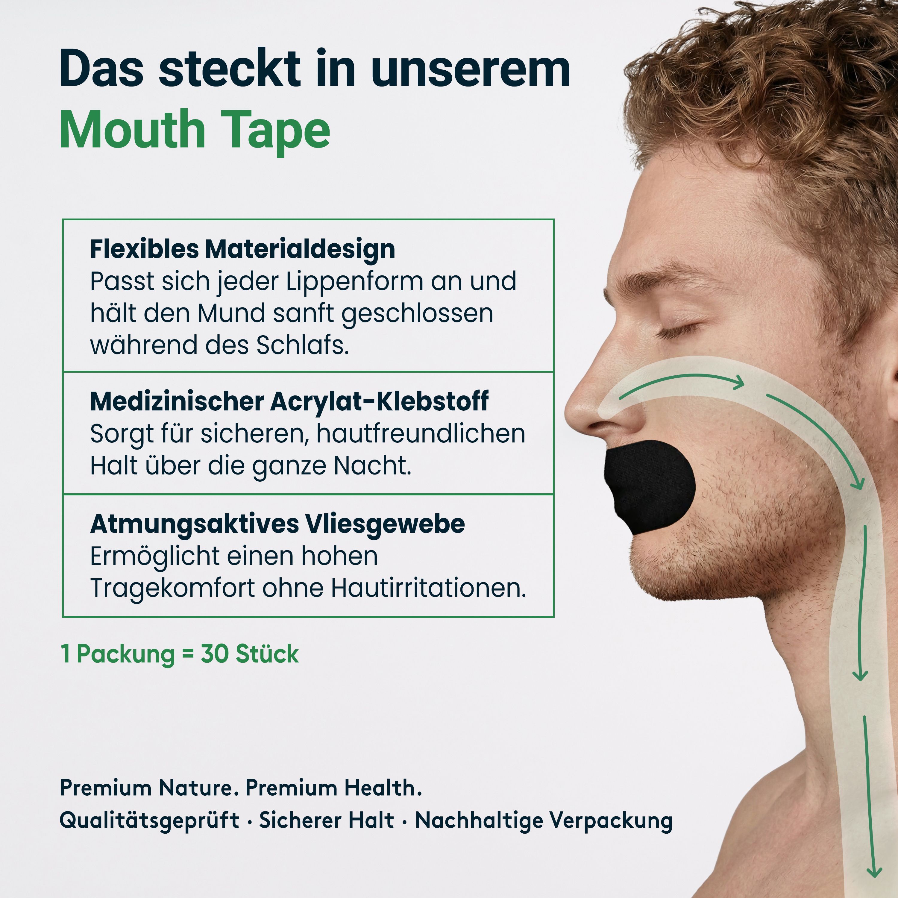 Mann mit Mundpflaster. Text: Flexibles Materialdesign, medizinischer Acrylat-Klebstoff, atmungsaktives Vliesgewebe. 1 Packung = 30 Stück.