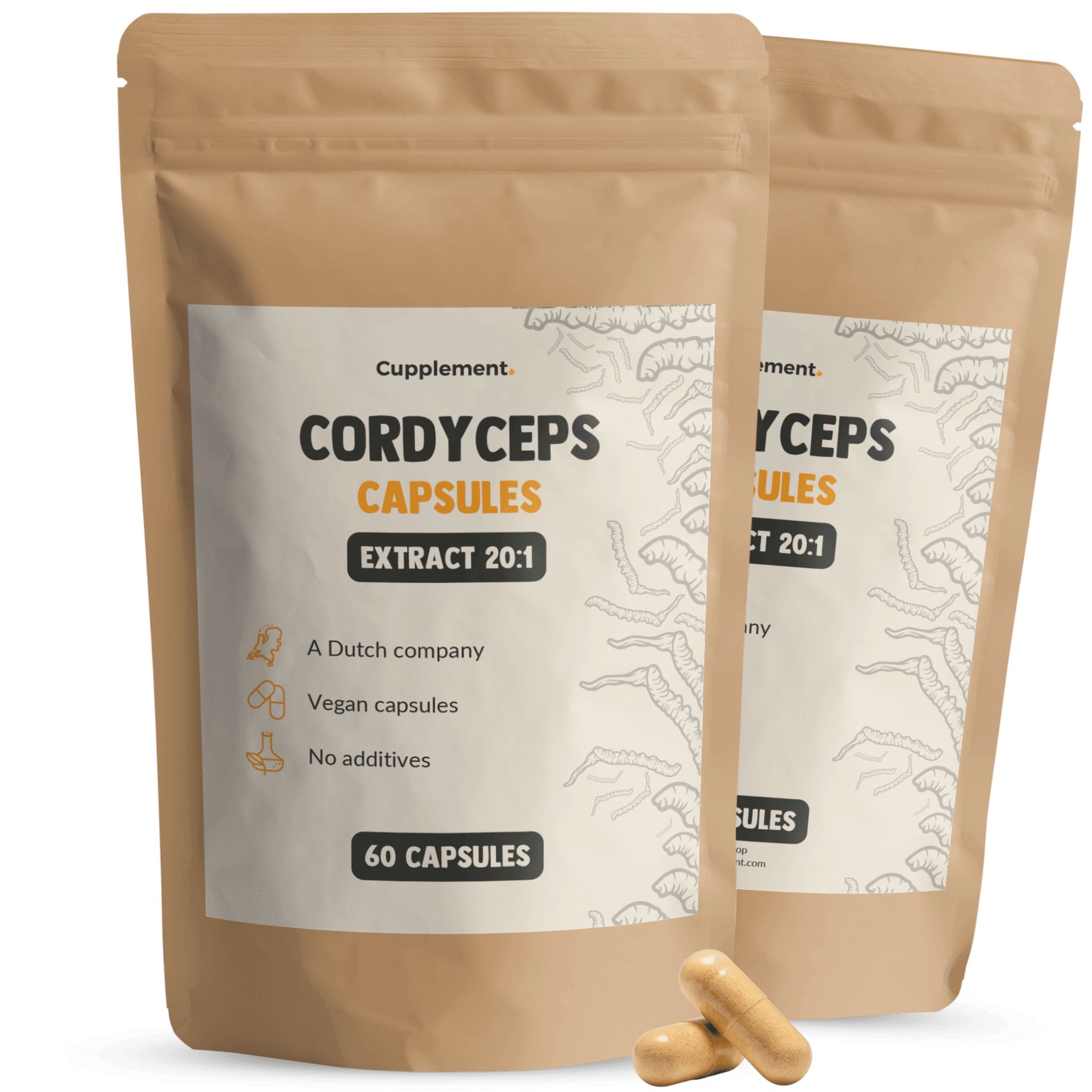Zwei Beutel mit Cordyceps-Kapseln. Aufschrift: Cordyceps Capsules, Extract 20:1, 60 Kapseln. Braune Verpackung.