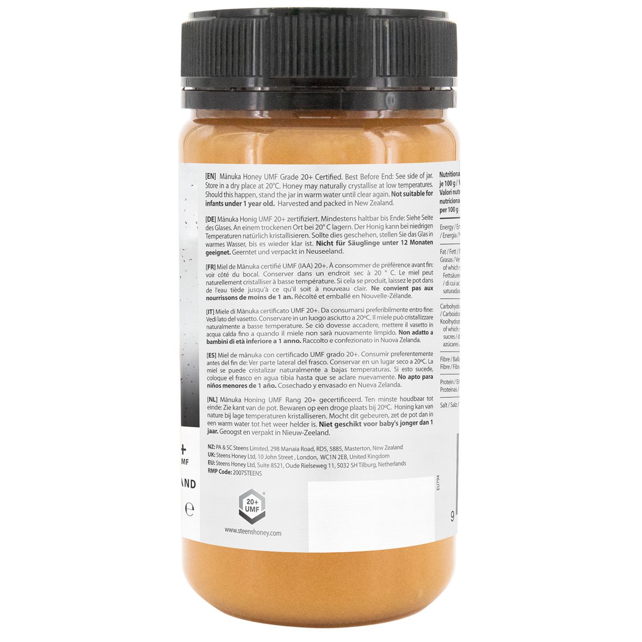 Glas Honig mit schwarzem Deckel. Etikett mit Informationen und Text. UMF 20+ Zertifizierung. Honigfarbe sichtbar.
