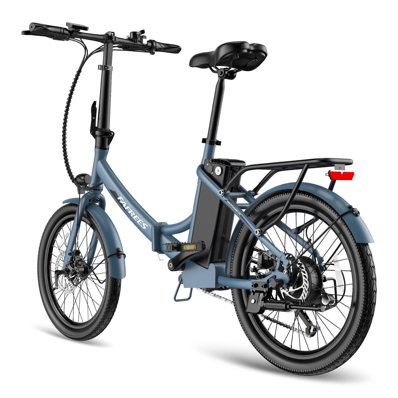 Blaues Fafrees F20Light E-Bike, Heckansicht. Schwarze Reifen, Gepäckträger, Akku und Sattel. Rücklicht.