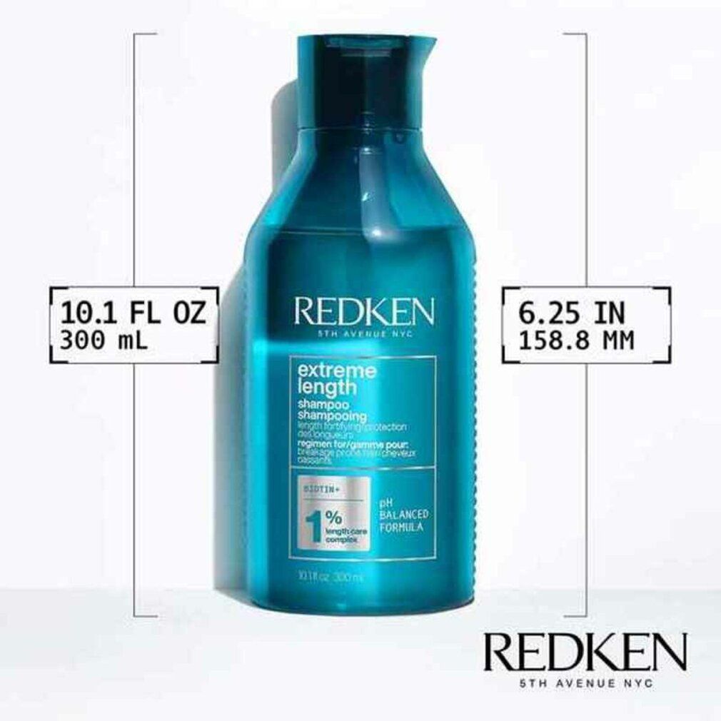 Blau-transparente Shampoo-Flasche. Aufschrift: Redken Extreme Length Shampoo. Maße: 10.1 FL OZ, 300 ml, 6.25 IN, 158.8 mm.