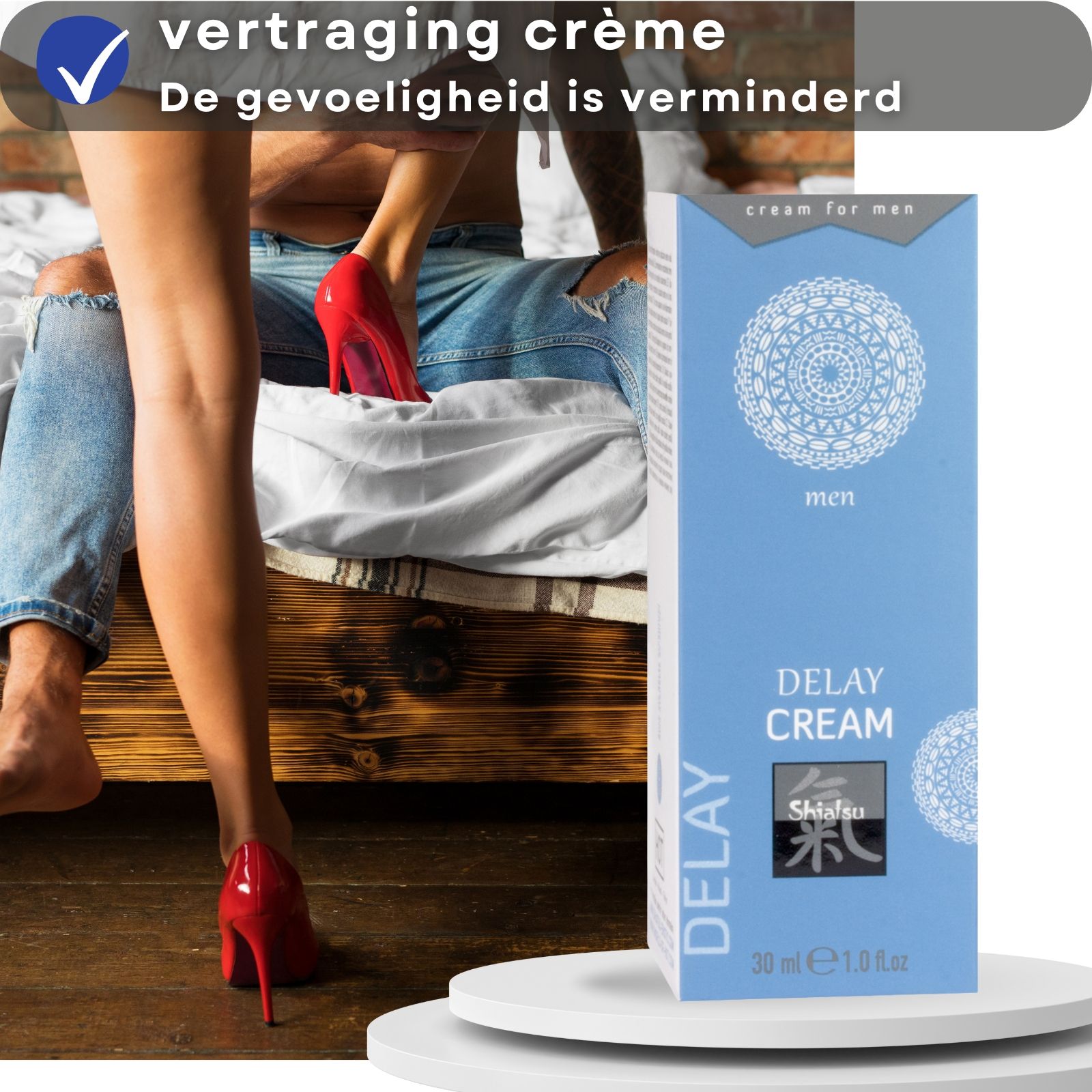 Blauwe doos en tekst. Tekst: vertragende crème, gevoeligheid verminderd.